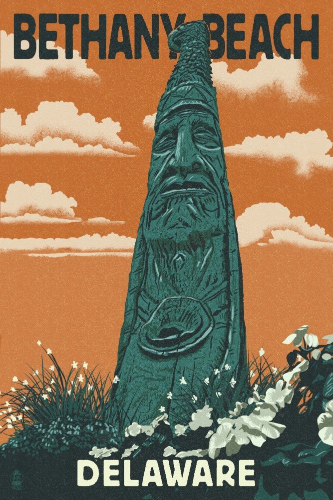 Bethany Beach Delaware Totem Pole Letterpress 68010 - 24x36 Signed Print Master Art Print, Wall Decor Poster for Living Room, Bedroom & Office