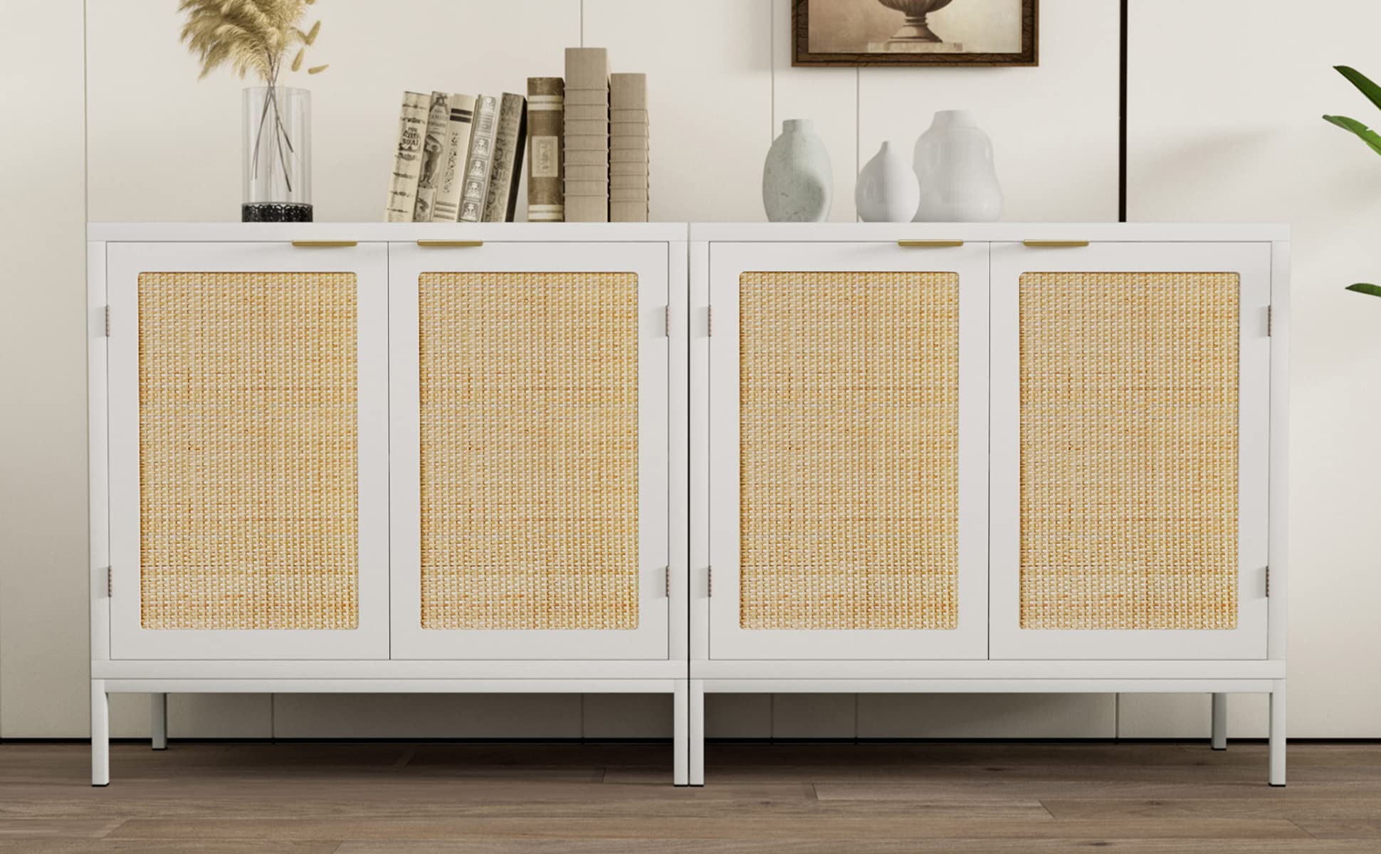 Anmytek White Rattan Sideboard Buffet Cabinet with 2 Decorated Doors & Fixed Shelf - Spacious Storage Furniture for Living Room, Hallway, Entryway & Dining Room - Perfect for Home Organization & Stylish Decor | H0012
