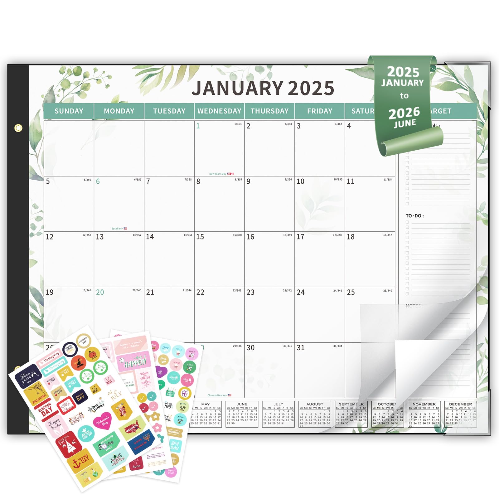 Ospelelf 2025-2026 Monthly Desk Calendar - 22x17 Inch Large Planner with Plastic Cover | 18-Month Green Leaves Design | Perfect for Office, Home & School Organization