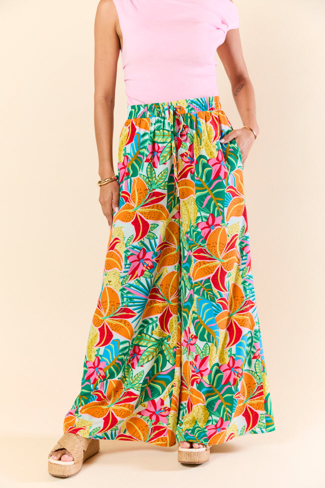 Beach Breeze Blue Mixed Print Wide Leg Pants for Women - Comfortable Summer Vacation & Boho Style Outfit