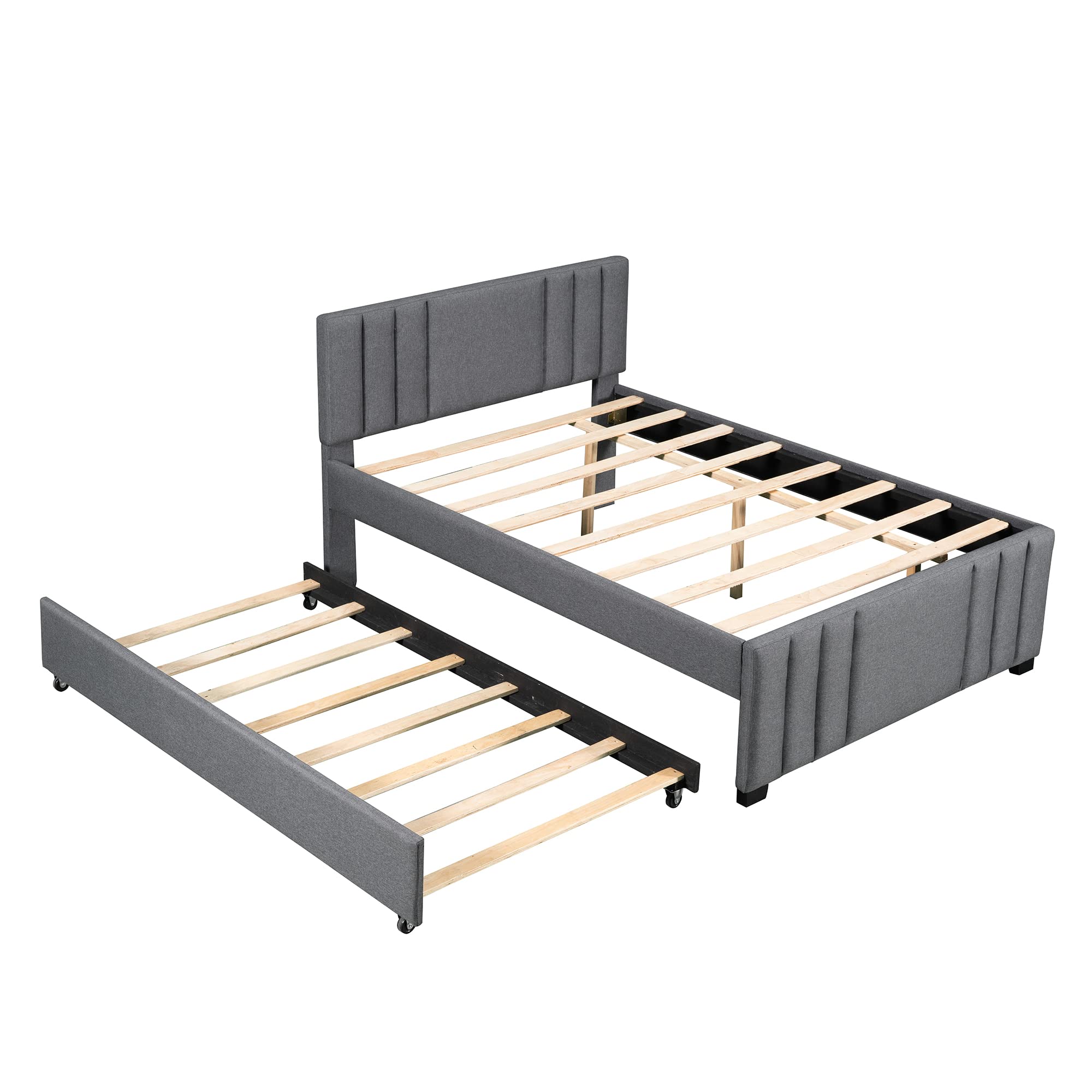 Merax Full Upholstered Platform Bed Frame with Storage Trundle & Headboard - No Box Spring Required, Grey - Perfect for Small Bedrooms, Guest Rooms & Space-Saving Solutions