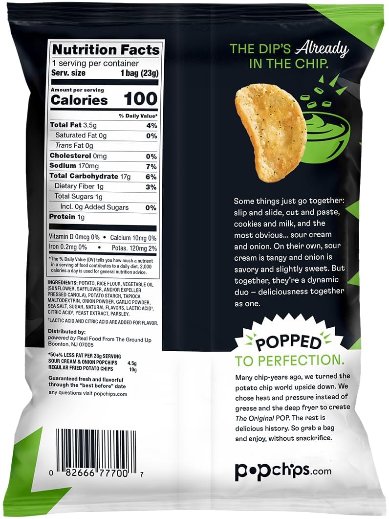 Popchips Sour Cream & Onion Potato Chips - 24 Pack of 0.8oz Single Serve Bags | Low Calorie, Gluten Free & Kosher Certified | Healthy Snacks for Adults & Kids | Perfect for Lunchboxes, Parties & On-the-Go Snacking