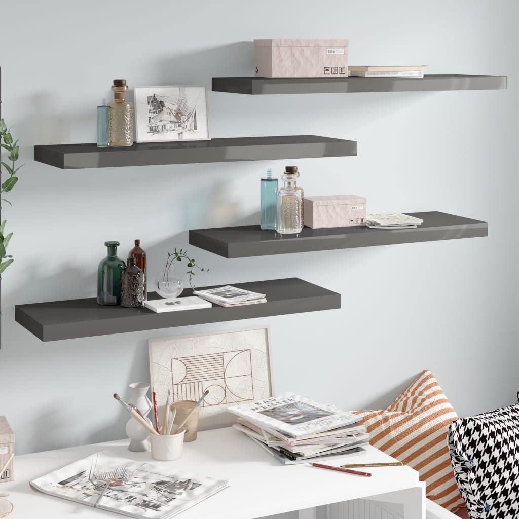 CHARMMA Floating Wall Shelves Set of 4 - Modern High Gloss Gray MDF Shelves 31.5