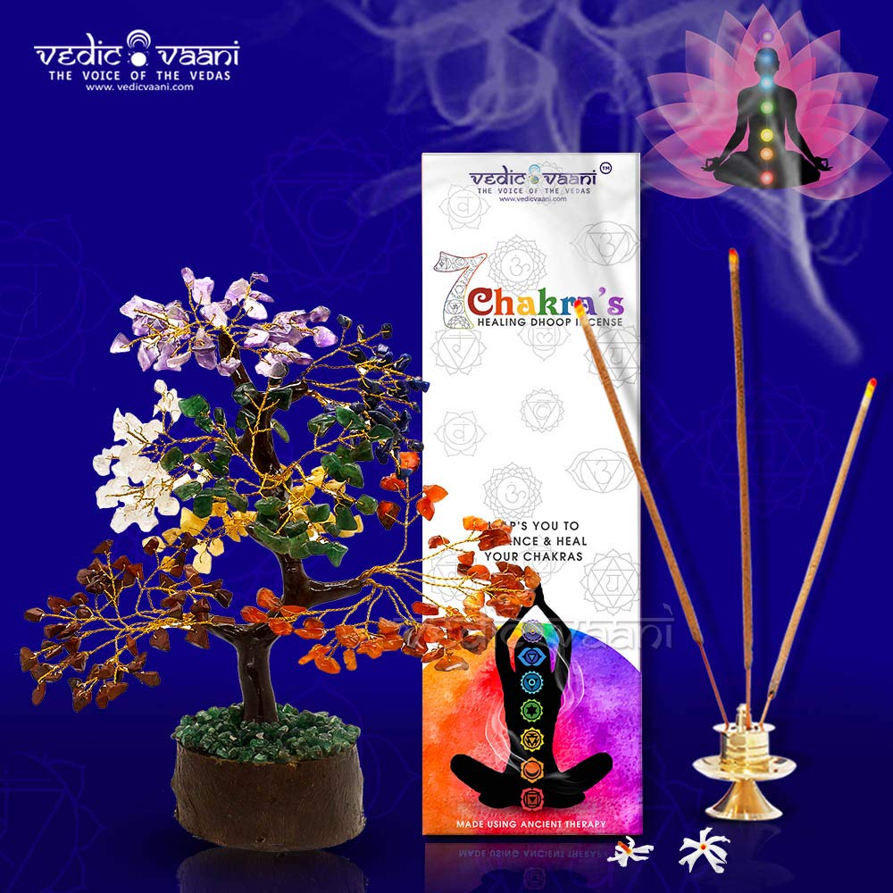 Vedic Vaani™ Handmade 7 Chakra Healing Crystal Gemstone Tree with Incense - Feng Shui Decor for Home, Office, Meditation & Spiritual Healing | Wealth, Prosperity & Good Luck Gift