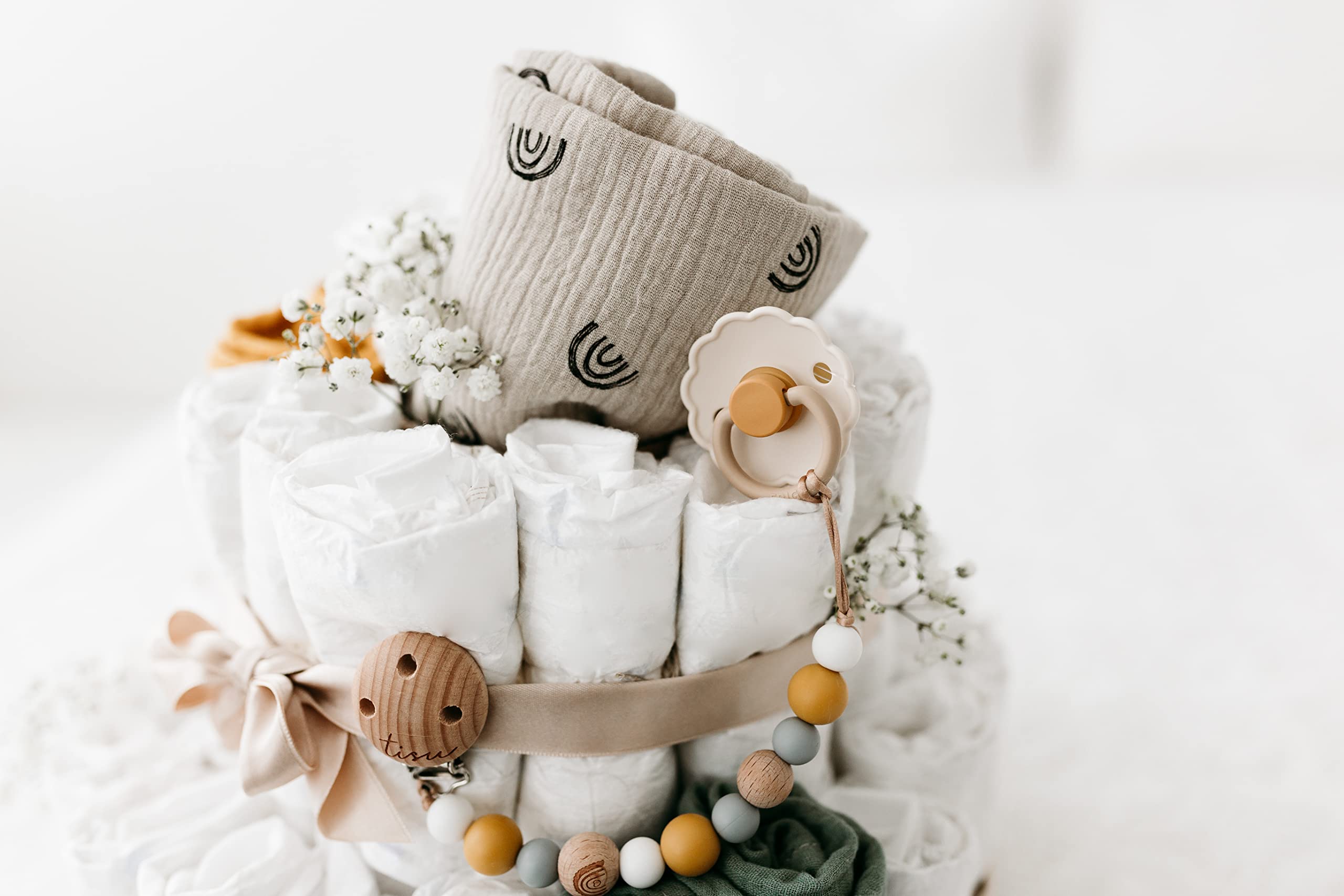 Organic Neutral Modern Diaper Cake for Baby Shower - Gender Neutral Beige Tulle Design by TISU | Perfect Baby Registry Gift for Boys & Girls | Newborn Welcome Gift & Nursery Decor