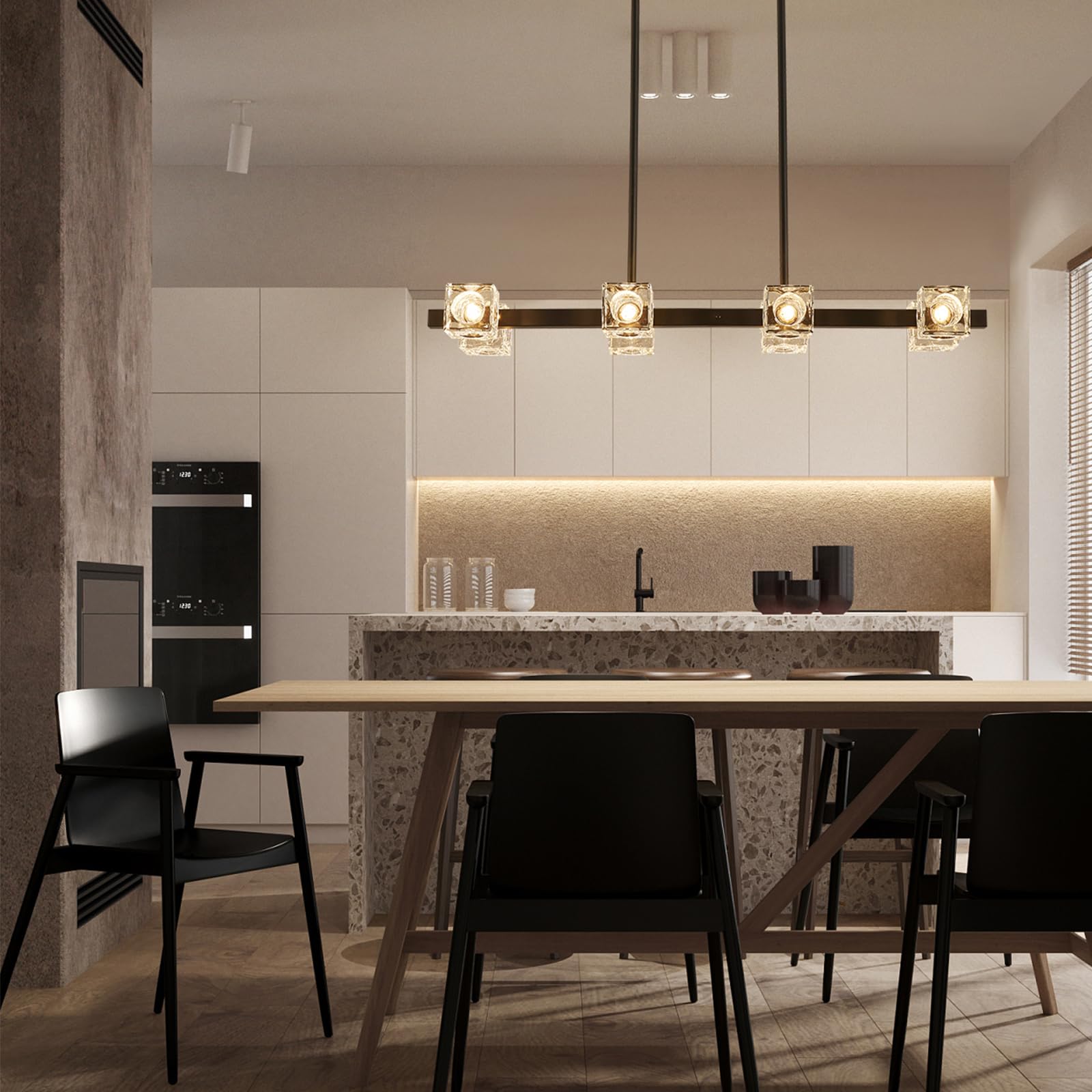 Modern Black Rectangular Linear 8-Light Chandelier - Metal & Glass Farmhouse Lighting Fixture for Dining Room, Kitchen Island, Office & Living Room | Elegant Ceiling Light for Home Decor & Interior Design