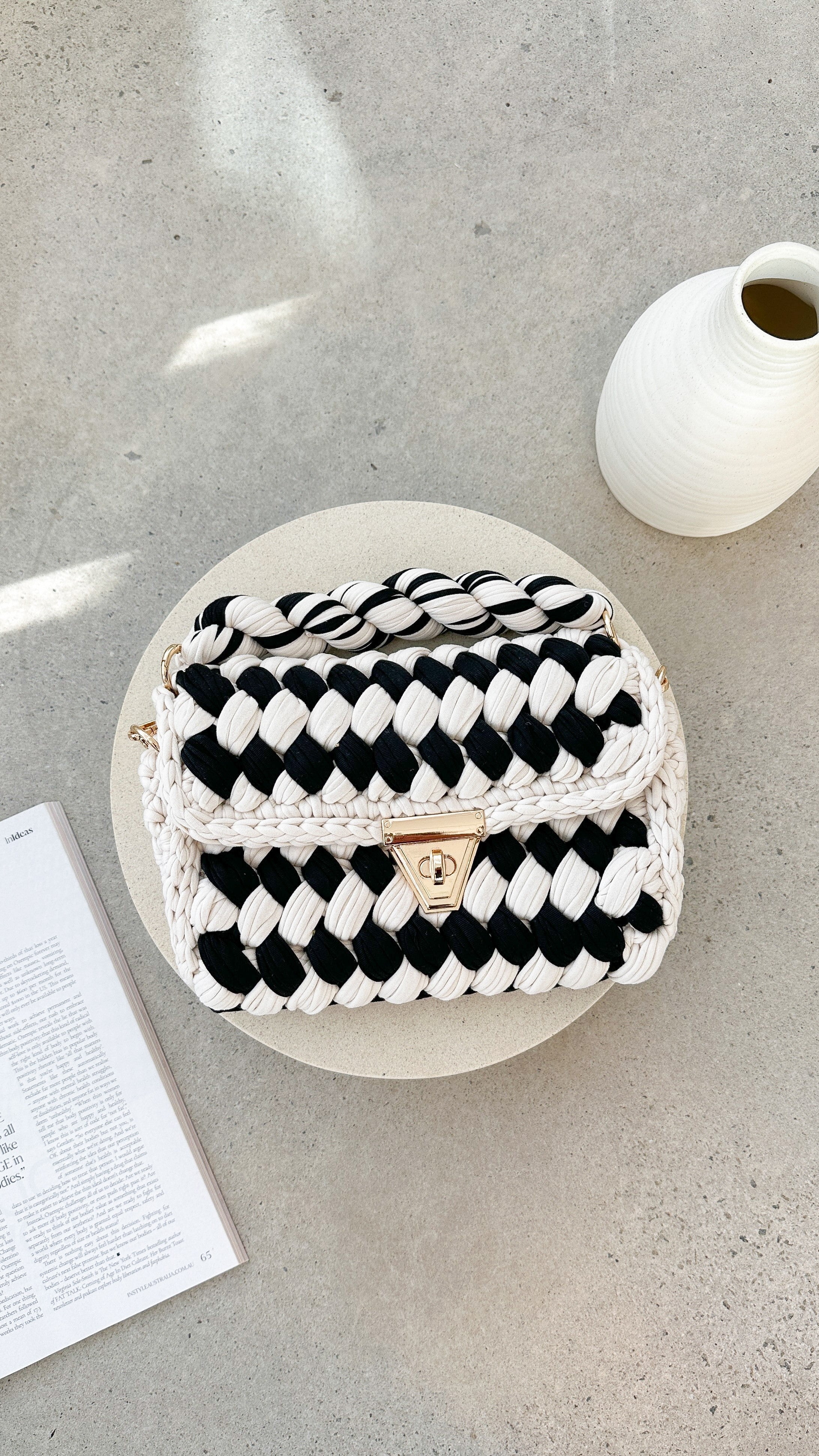 Annabel Chunky Braided Handbag for Women - Stylish Cream & Black Crossbody Purse - Perfect for Work, Travel, and Everyday Use