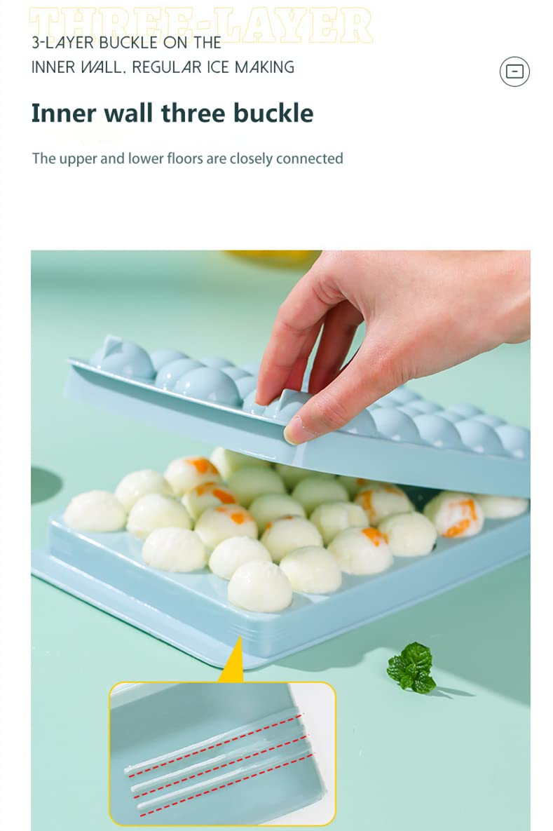 NUOYANG Round Ice Cube Tray with Lid - 33PCS Sphere Ice Ball Maker Mold for Freezer | Perfect for Cocktails, Whiskey, Tea & Coffee | Includes Storage Container for Easy Ice Making & Chilling Drinks