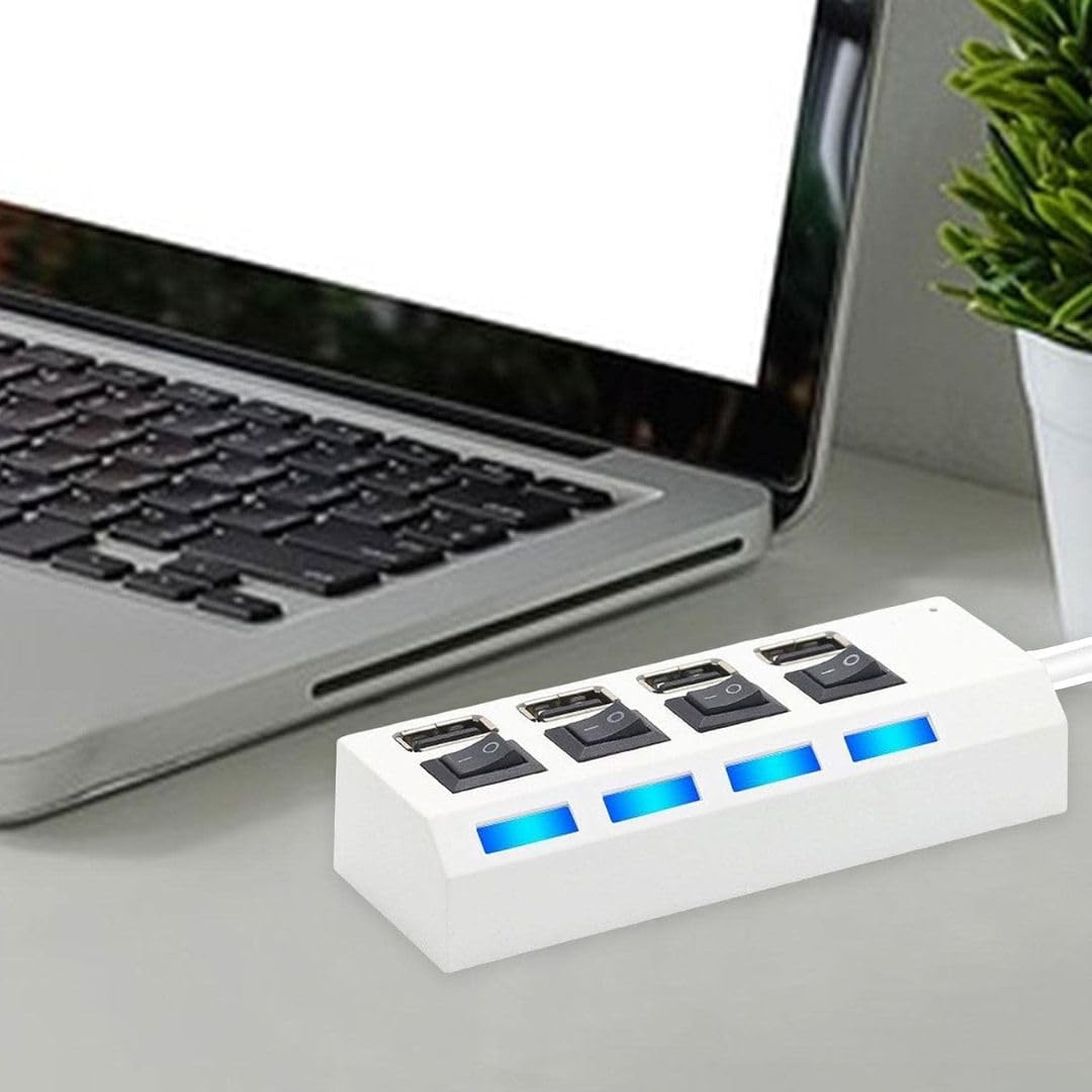 4-Port USB 2.0 Hub with LED Indicators & Power Switches - Portable USB Splitter Adapter for Laptop, PC, Mac - Plug & Play Multi-Port USB Extension Hub for Home Office, Gaming & Travel Accessories