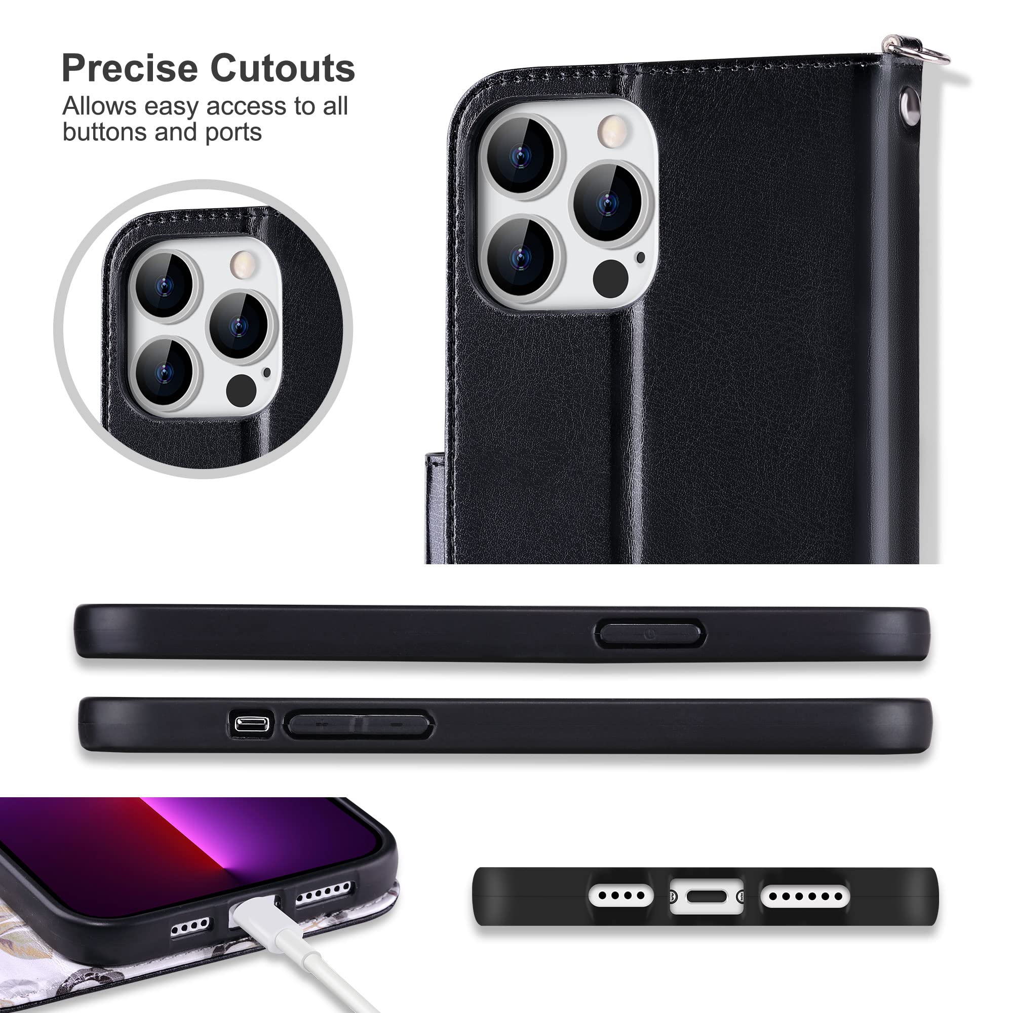ULAK iPhone 13 Pro Max Wallet Case 6.7 Inch - Floral PU Leather Flip Cover with Card Slots & Kickstand | Shockproof Protective Phone Case for Women | Perfect for Work, Travel & Everyday Use (Black)