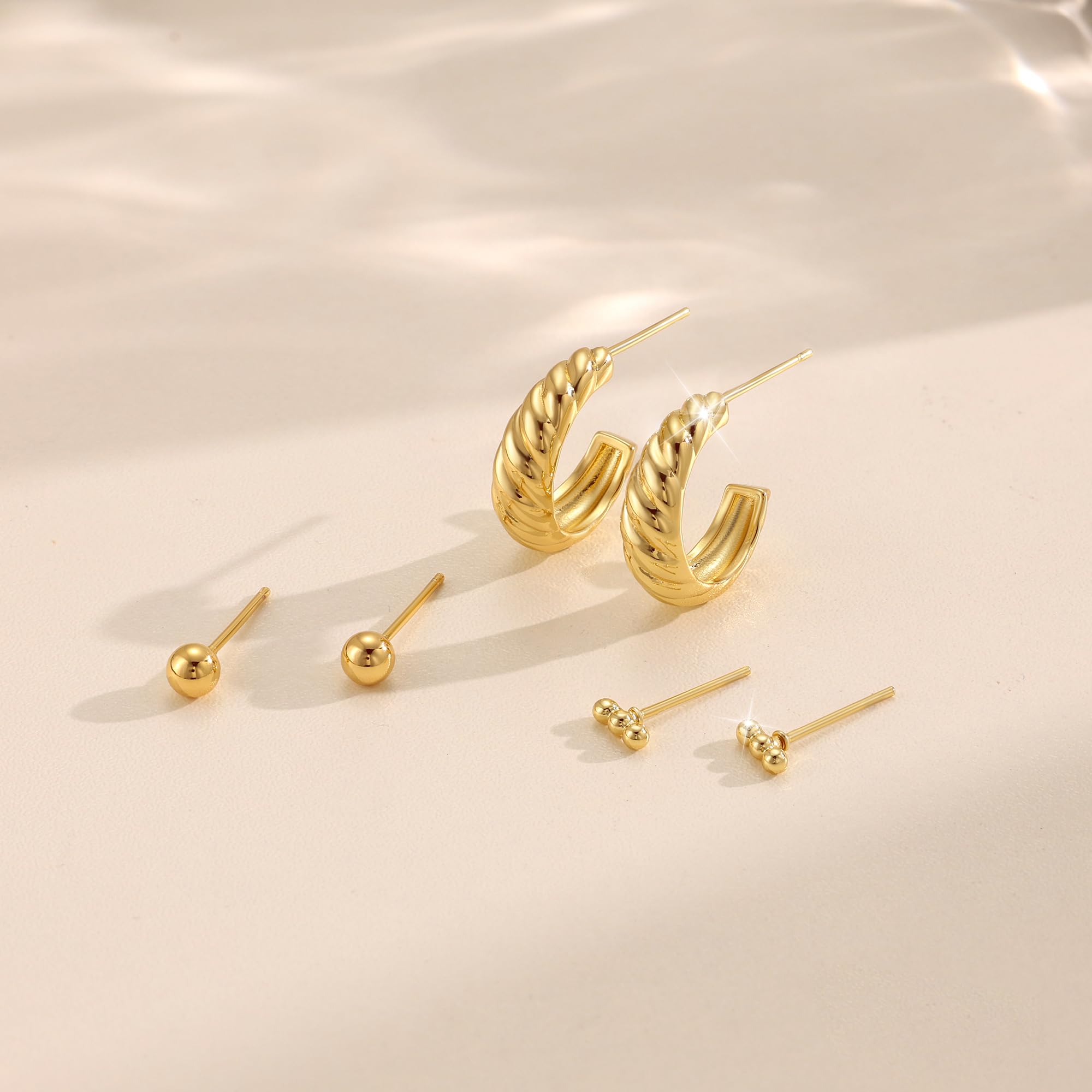 3 Pairs 14K Gold Plated Hoop Earrings Set for Women - Dainty Stud, Small Dangle & Cartilage Huggie Earrings - Hypoallergenic Trendy Gold Jewelry - Perfect Gift for Her, Everyday Wear & Special Occasions