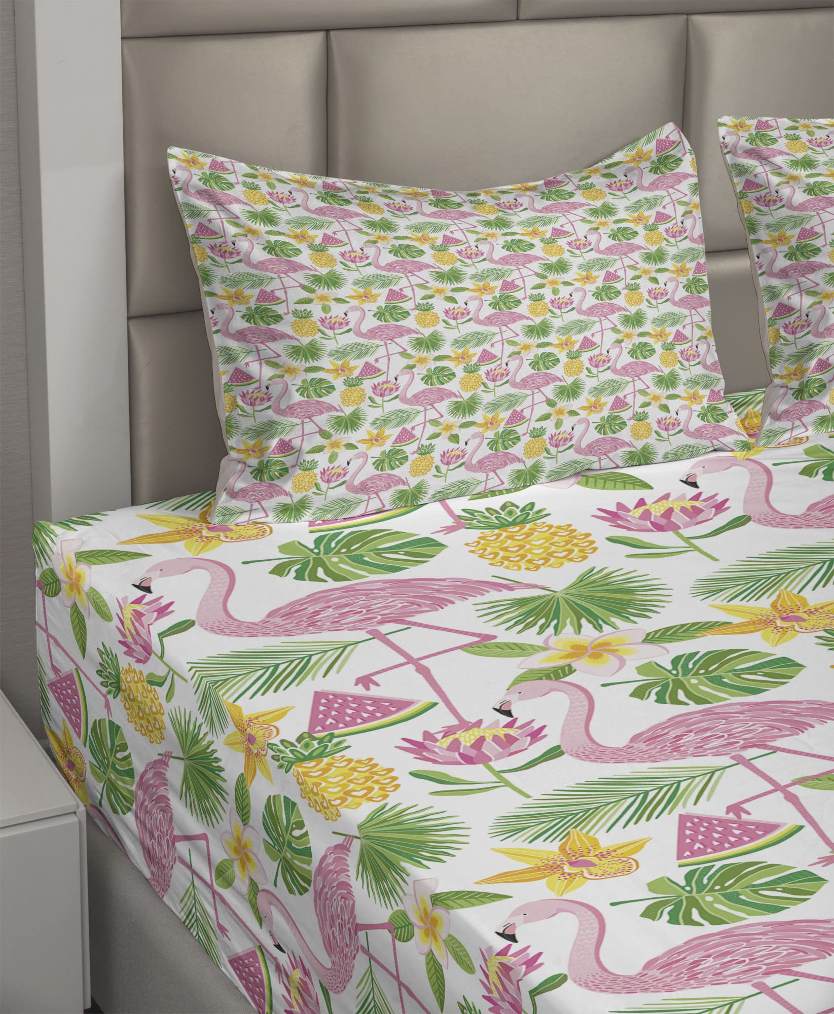 Ambesonne Exotic Flamingo Watermelon Pineapple Tropical Print 4-Piece King Sheet Set - Pink Green Mustard Bedding for Beach House, Summer Decor & Boho Chic Bedroom