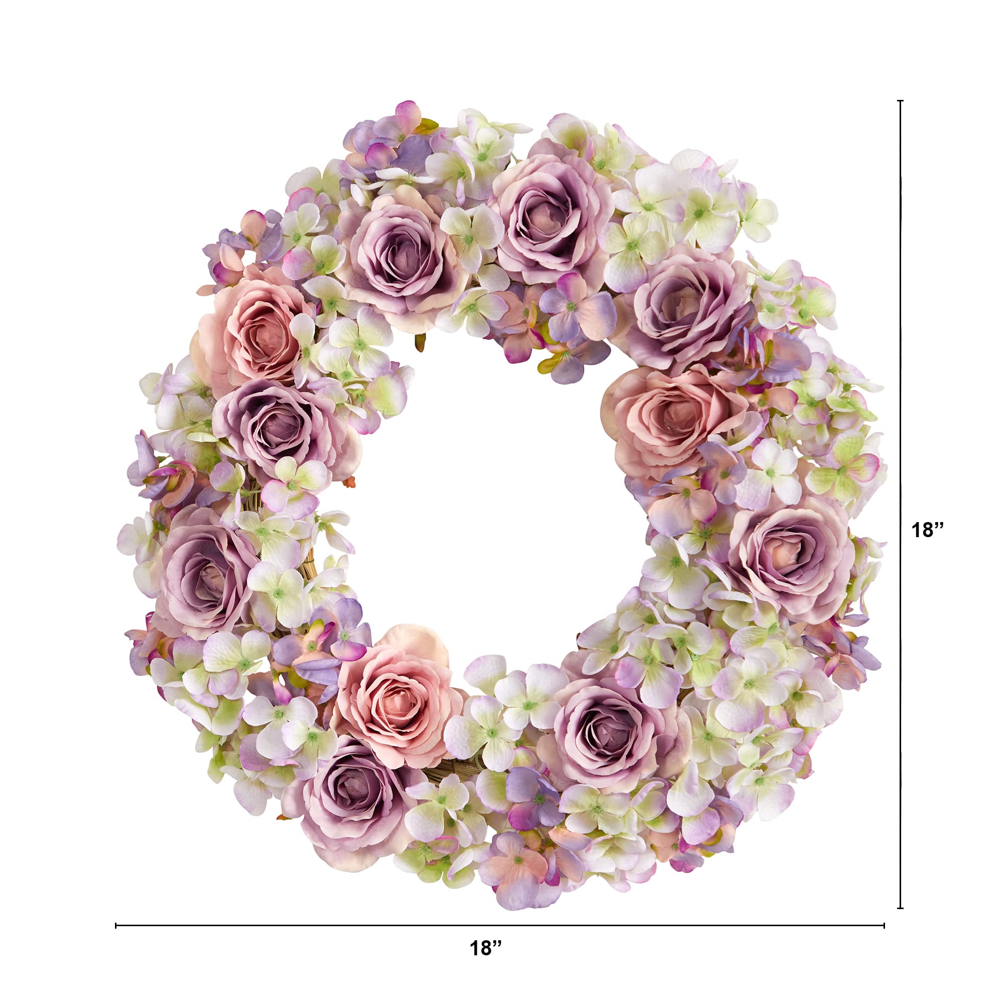 Nearly Natural 18 Inch Rose and Hydrangea Artificial Wreath - Elegant Floral Decor for Front Door, Wall, or Wedding
