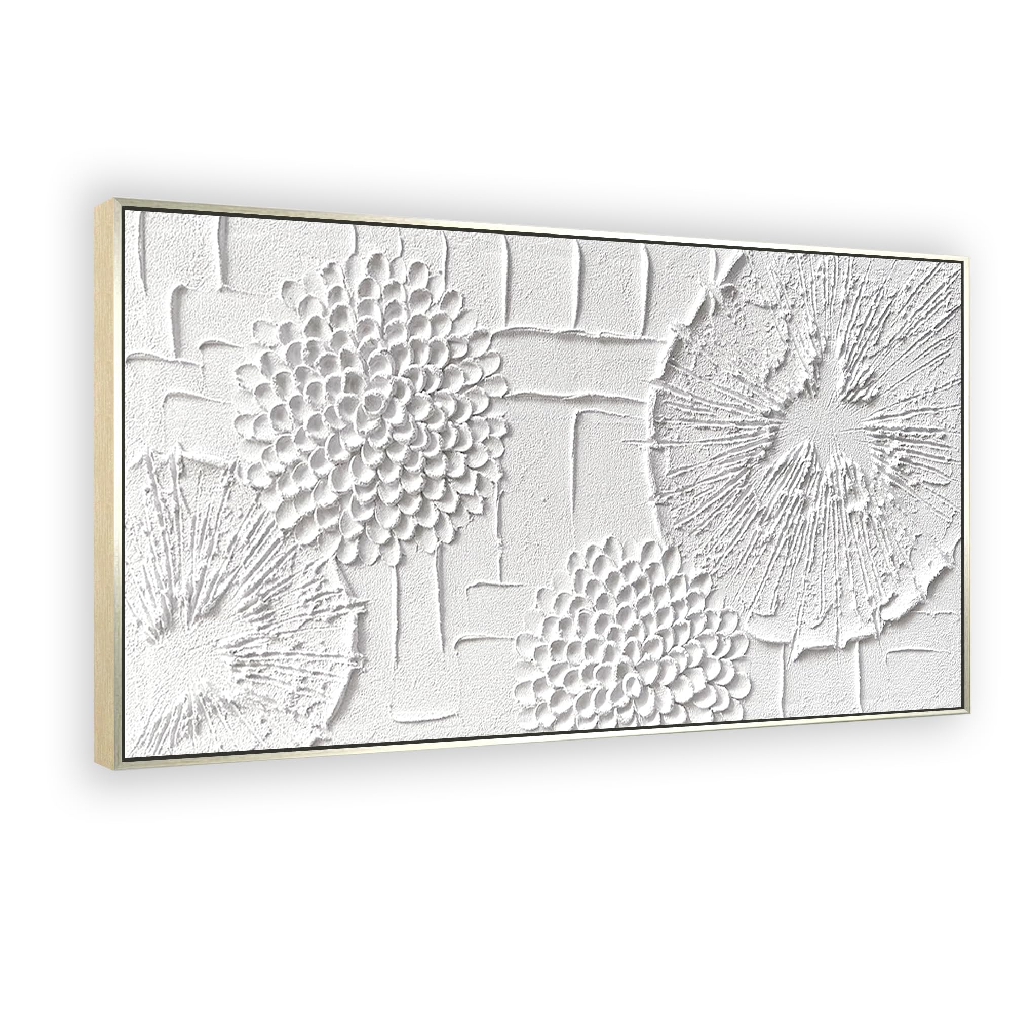 Large White Textured Canvas Wall Art - Hand Painted 3D Dandelion Oil Painting Wabi Sabi Minimalist Gold Framed Artwork (48x24 Inches) - Perfect for Living Room, Bedroom & Office Wall Decor | Modern Boho Home Aesthetic