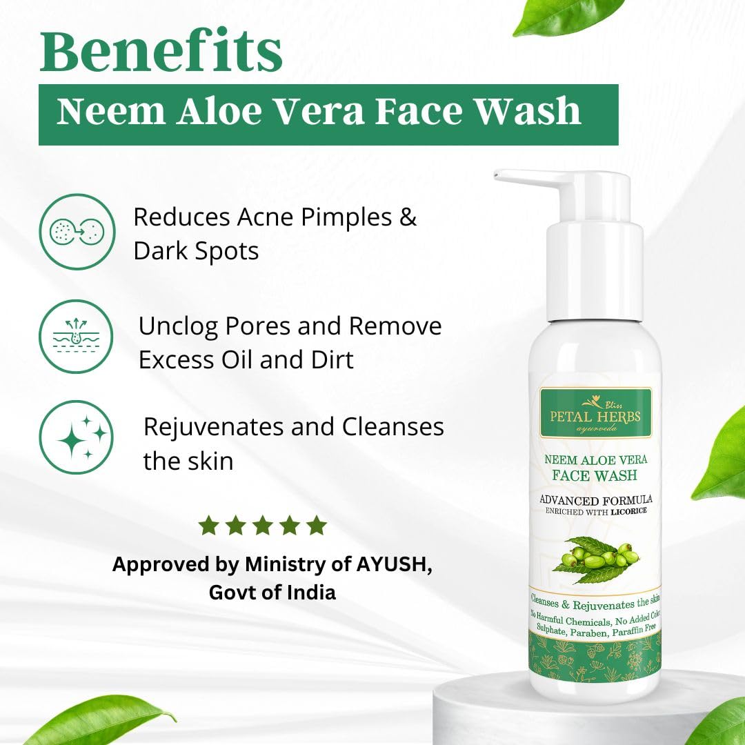 Petal Herbs Ayurveda Neem Face Wash for Dark Spots & Tan Removal - SLS, Paraben & Paraffin Free - 100ml - Natural Skin Brightening & Cleansing for Daily Skincare Routine