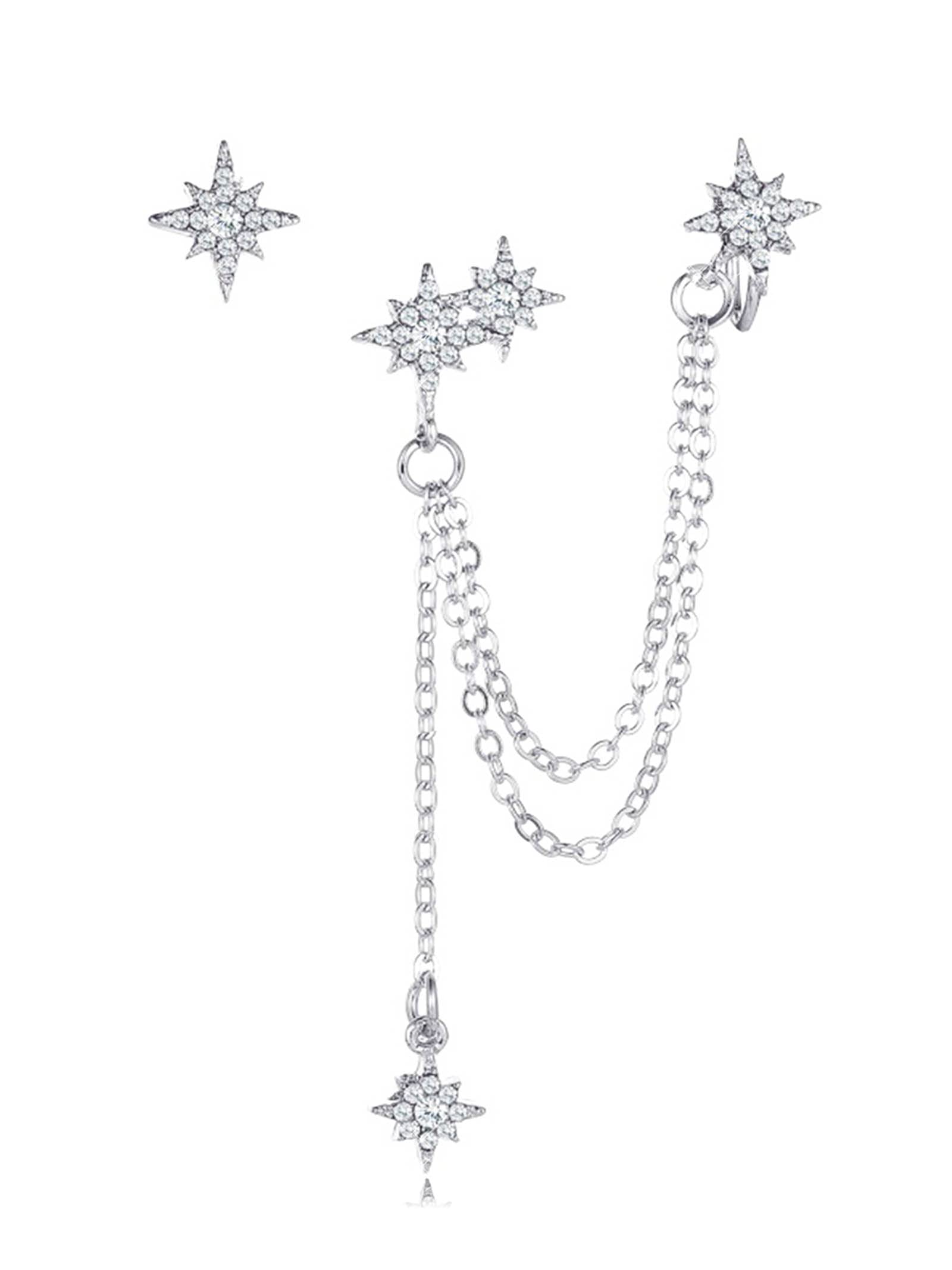 Elegant Crystal Star Ear Cuff Earrings for Women & Teen Girls - Long Chain Climber Crawler Earrings for Parties, Weddings & Everyday Wear
