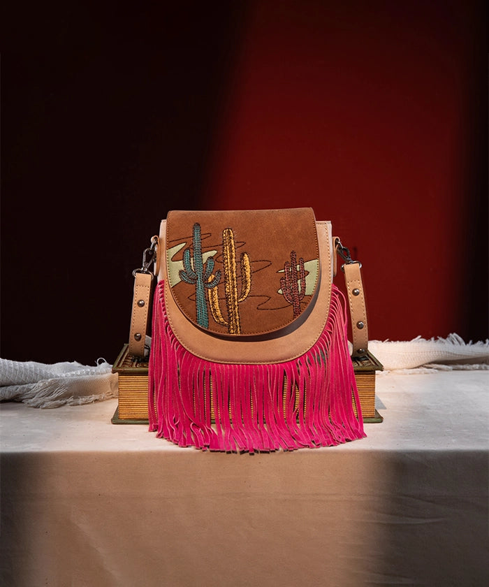 Montana West Cactus Embroidered Fringe Crossbody Bag for Women - Stylish Western Purse with Adjustable Strap - Perfect for Casual Outings, Music Festivals & Travel