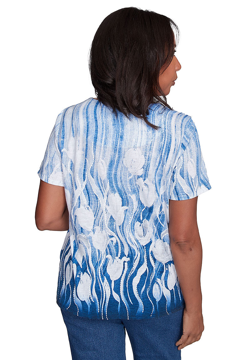 Flower Power Tulip Knotted Neck Top Women's Fashion Blouse - Perfect for Spring Outfits, Date Nights & Casual Wear
