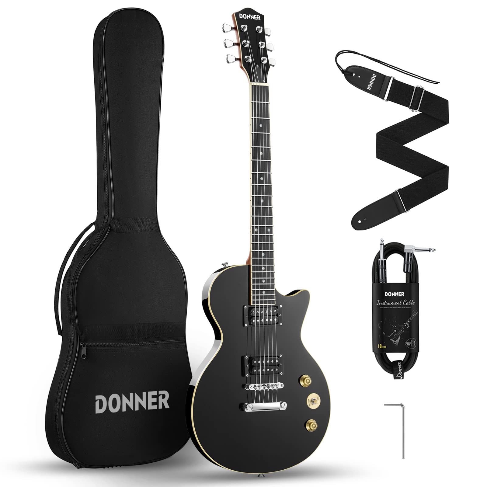 Donner DLP-124B Full Size 39 Inch Solid Body Electric Guitar Kit for Beginners - LP Style, Black with Gig Bag, Cable & Strap | Perfect for Home Practice, Studio Recording & Live Performances