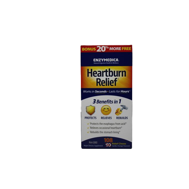 Enzymedica Heartburn Relief Chewable Tablets - Vanilla Orange Flavor (108 Count) | Fast-Acting Digestive Support for Acid Reflux & Indigestion | Perfect for After Meals & Travel