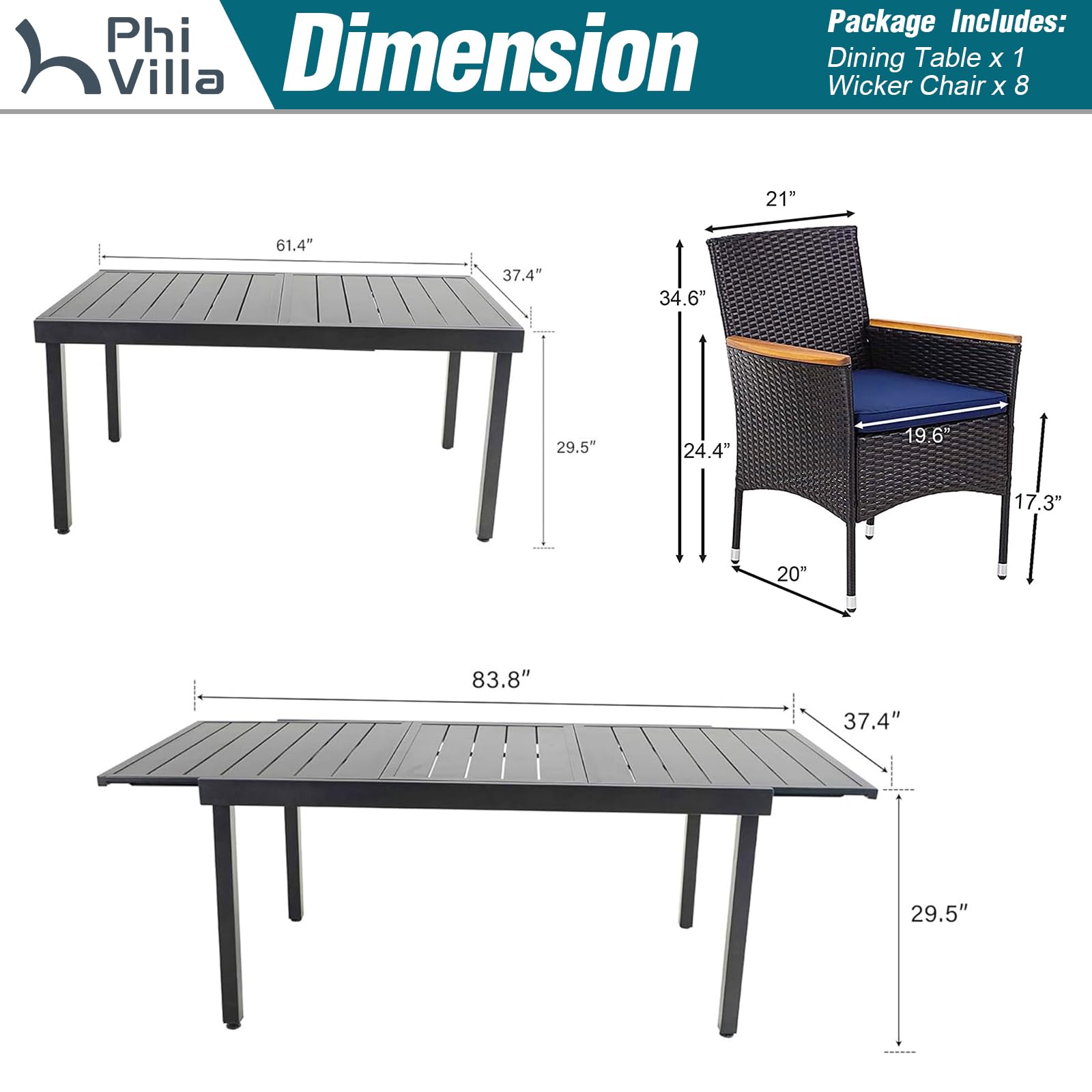PHI VILLA 9-Piece Outdoor Patio Dining Set for 8 - Expandable Rectangular Metal Table with Rattan Cushioned Chairs - Weather-Resistant Garden Furniture for Backyard, Deck, Poolside & Outdoor Entertaining