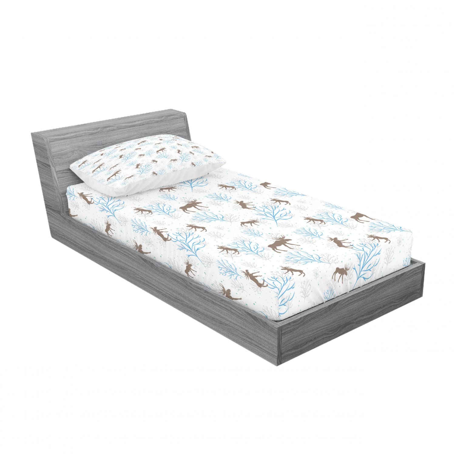 Ambesonne Christmas 2-Pack Twin Fitted Sheets & Pillow Sham Set - Winter Retro Forest Design, 4-Piece Bedding Decor in Brown & Blue - Cozy Holiday Bedroom Upgrade for Guest Rooms & Seasonal Home Styling