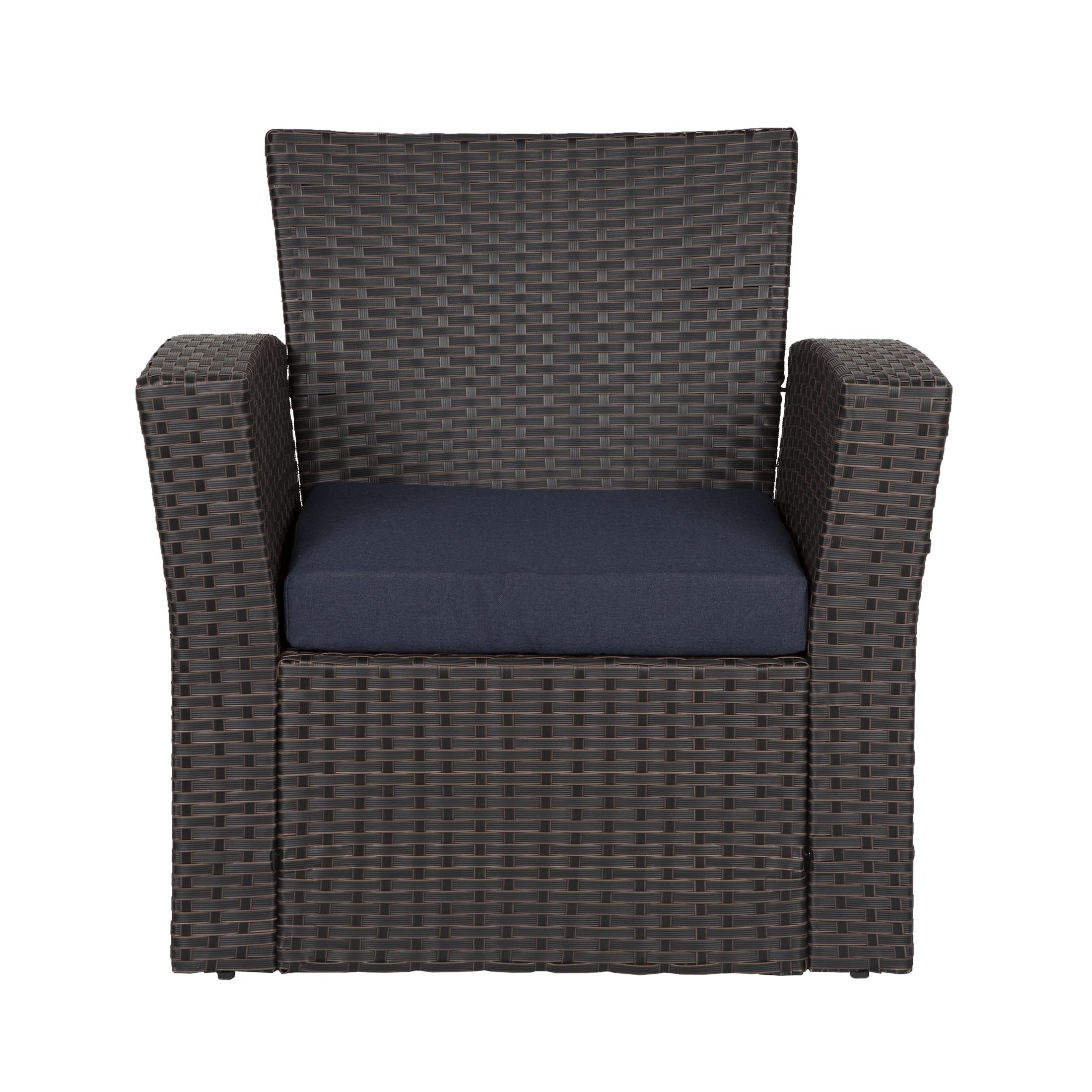 WO Home Furniture 4-Piece Patio Conversation Set - Black Rattan Wicker Sofa, Chairs & Table with Navy Blue Pillow Cushions | Outdoor Garden, Backyard, Poolside Lounge Furniture
