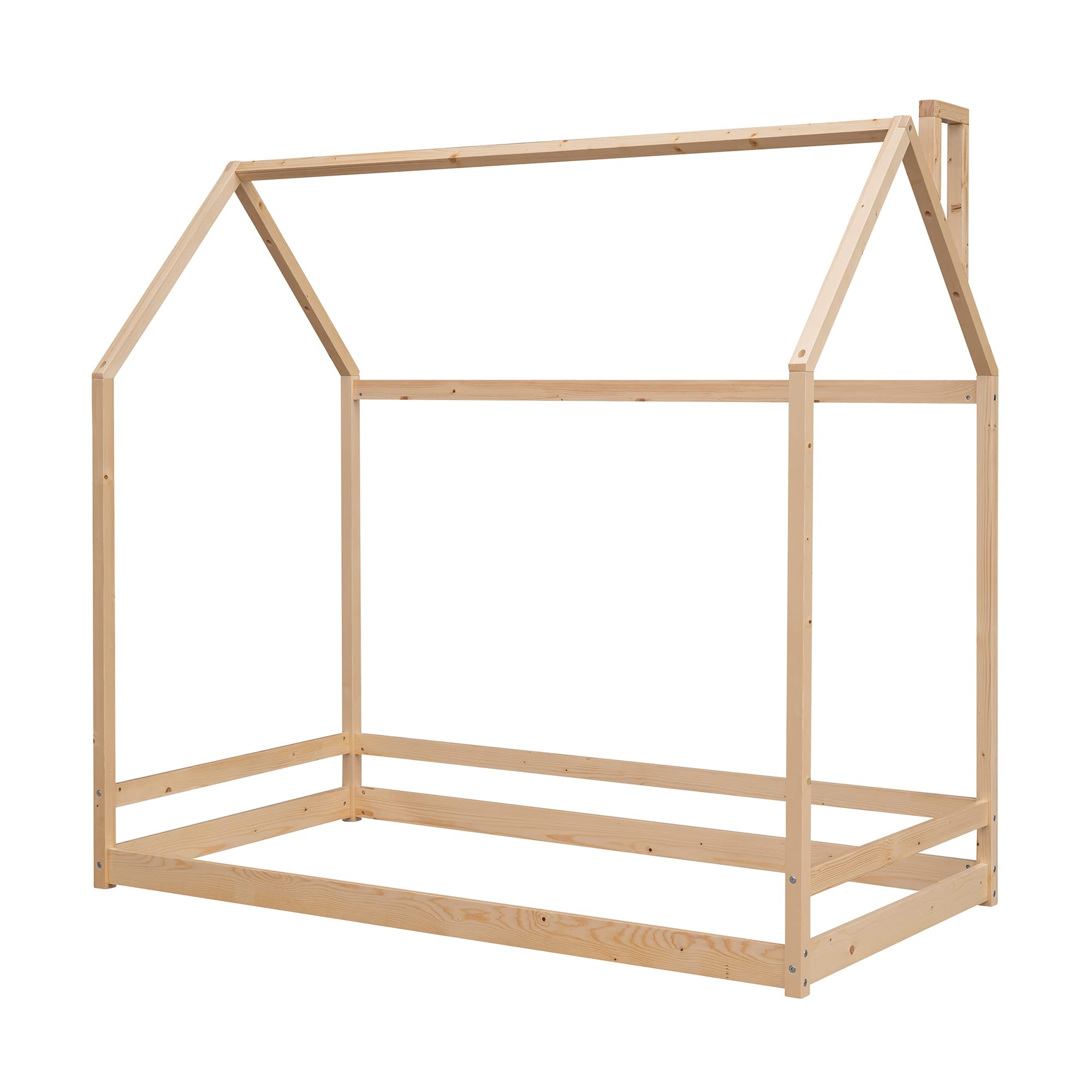 Montessori Twin House Bed for Kids & Toddlers - Wooden Floor Bed Frame with Roof for Boys & Girls Bedroom Furniture - Natural Finish - Perfect for Montessori Rooms, Playrooms & Kids Bedrooms