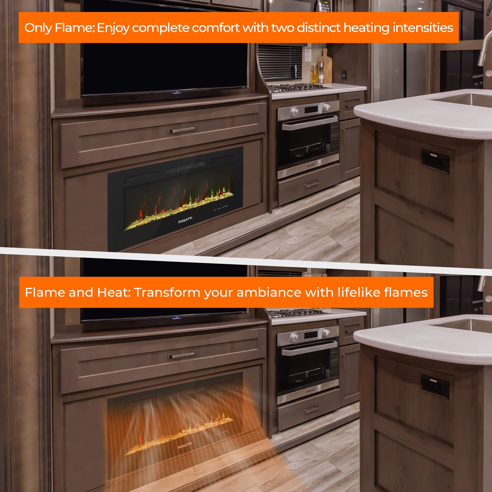 FOGATTI 36 Inch Electric Fireplace - Wall Mounted & Recessed RV Fireplace Heater with Remote Control, Timer, Realistic 7-Color Flame (Crystals/Driftwood Options) - Perfect for Living Rooms, Bedrooms & Campers