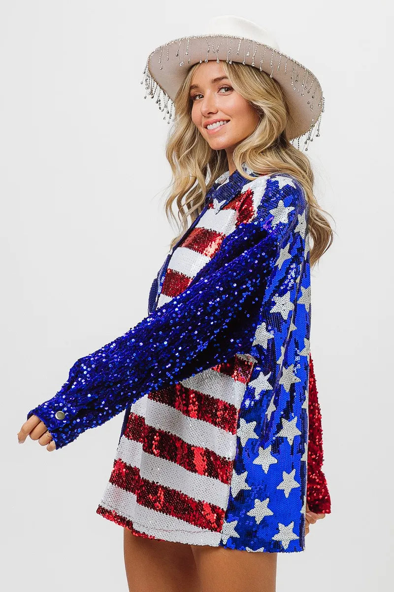 BiBi Velvet Sequin American Flag Shirt - Patriotic Women's Fashion Top for 4th of July, Parties & Festive Events