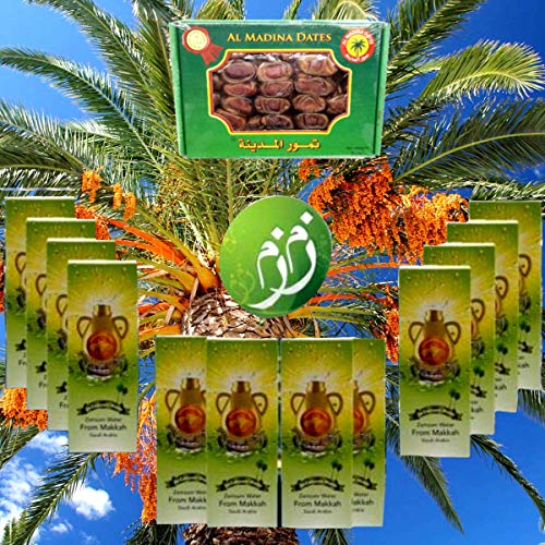 Premium Zamzam Water 12 Bottles (500ml) from Mecca, Saudi Arabia with Al Madina Dates 2Lb (907g) - Holy Water for Ramadan, Hajj, Umrah & Islamic Rituals