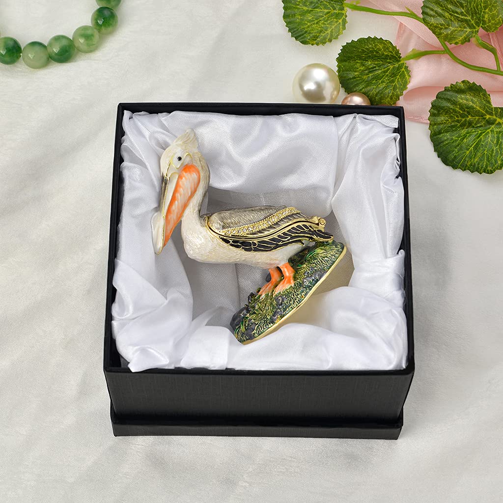 Golden Crystal Enameled Pelican Jewelry Box - Hand-Painted Hinged Bird Trinket Box for Necklaces & Rings | Elegant Home Décor & Unique Gift for Bird Lovers | Perfect for Dresser Display, Wedding Favors & Collectors
