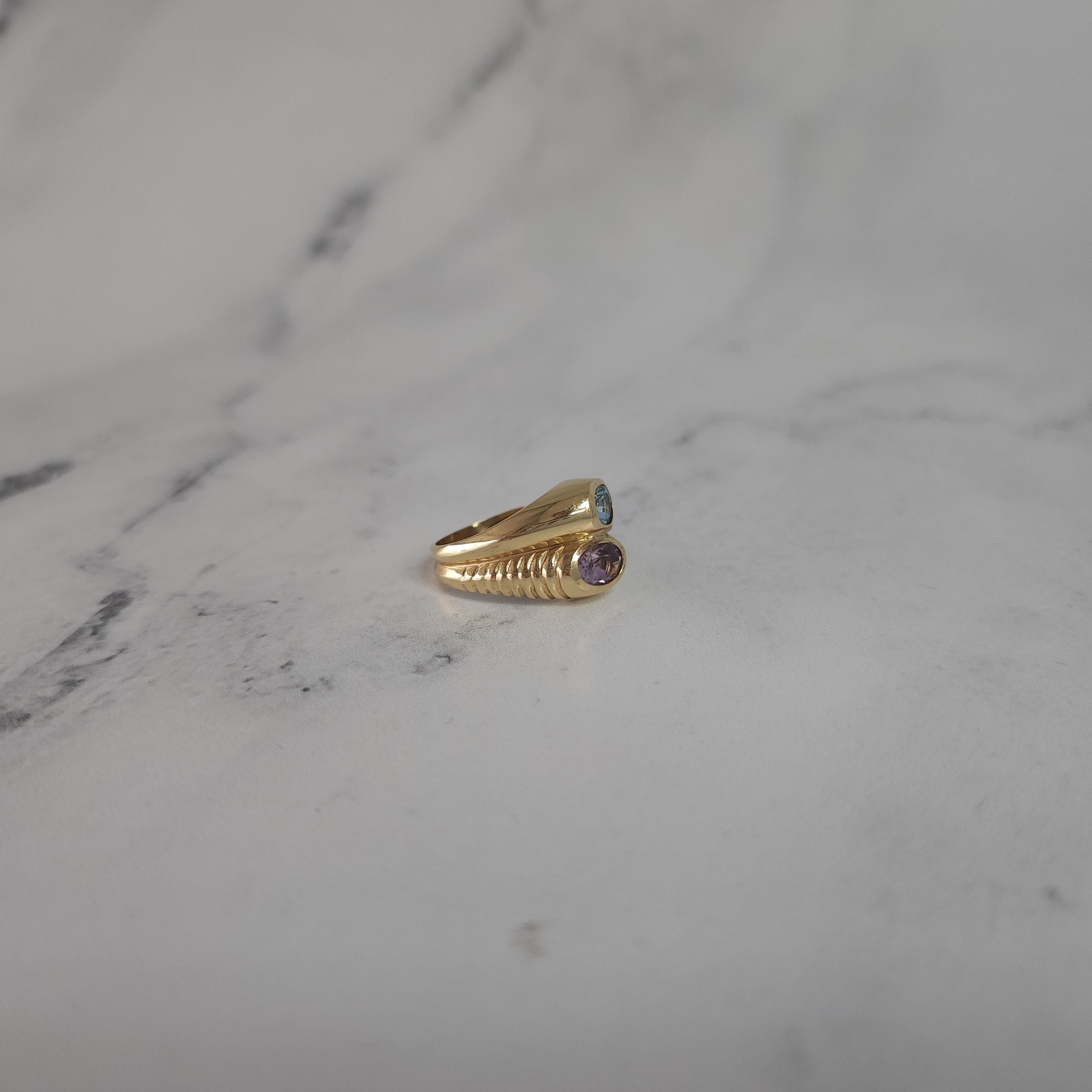 14K Yellow Gold Amethyst & Blue Topaz Bypass Ring - Elegant Stackable Jewelry for Women, Perfect for Weddings, Anniversaries & Everyday Wear