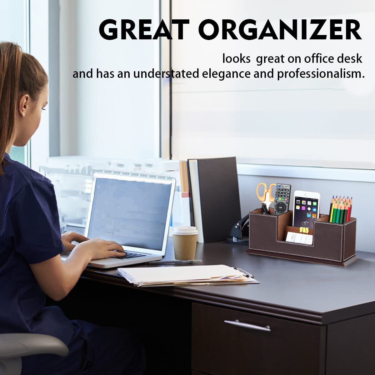 PUSU PU Leather Desk Pencil Holder - 4 Compartment Multifunctional Desk Organizer for Pens, Pencils, Business Cards & Phone - Executive Office Desk Accessories for Home & Office Workspace Organization