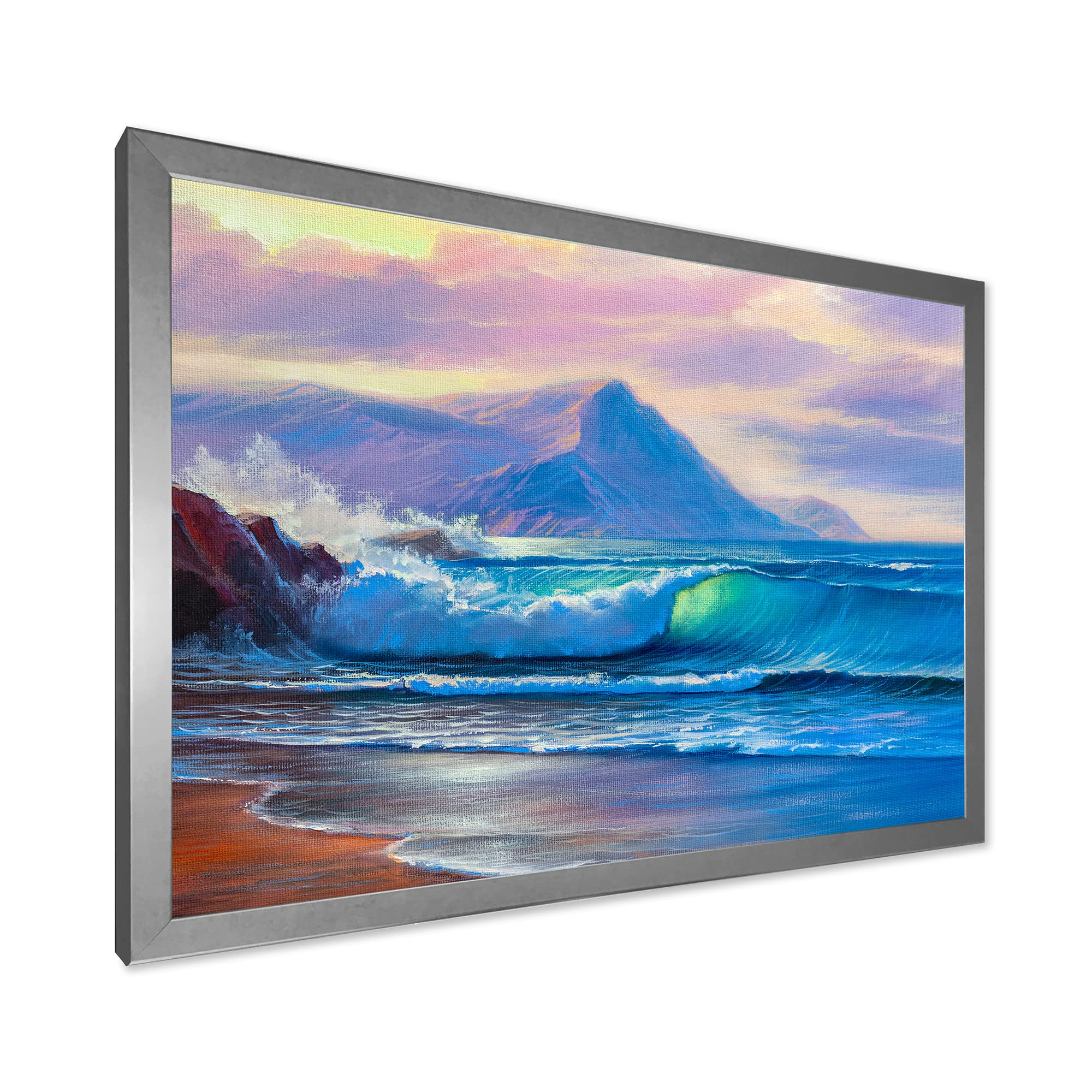 Blue Waves Breaking At The Beach - Nautical Coastal Framed Wall Art Decor for Living Room, Bedroom & Office | Ocean Themed Home Decor