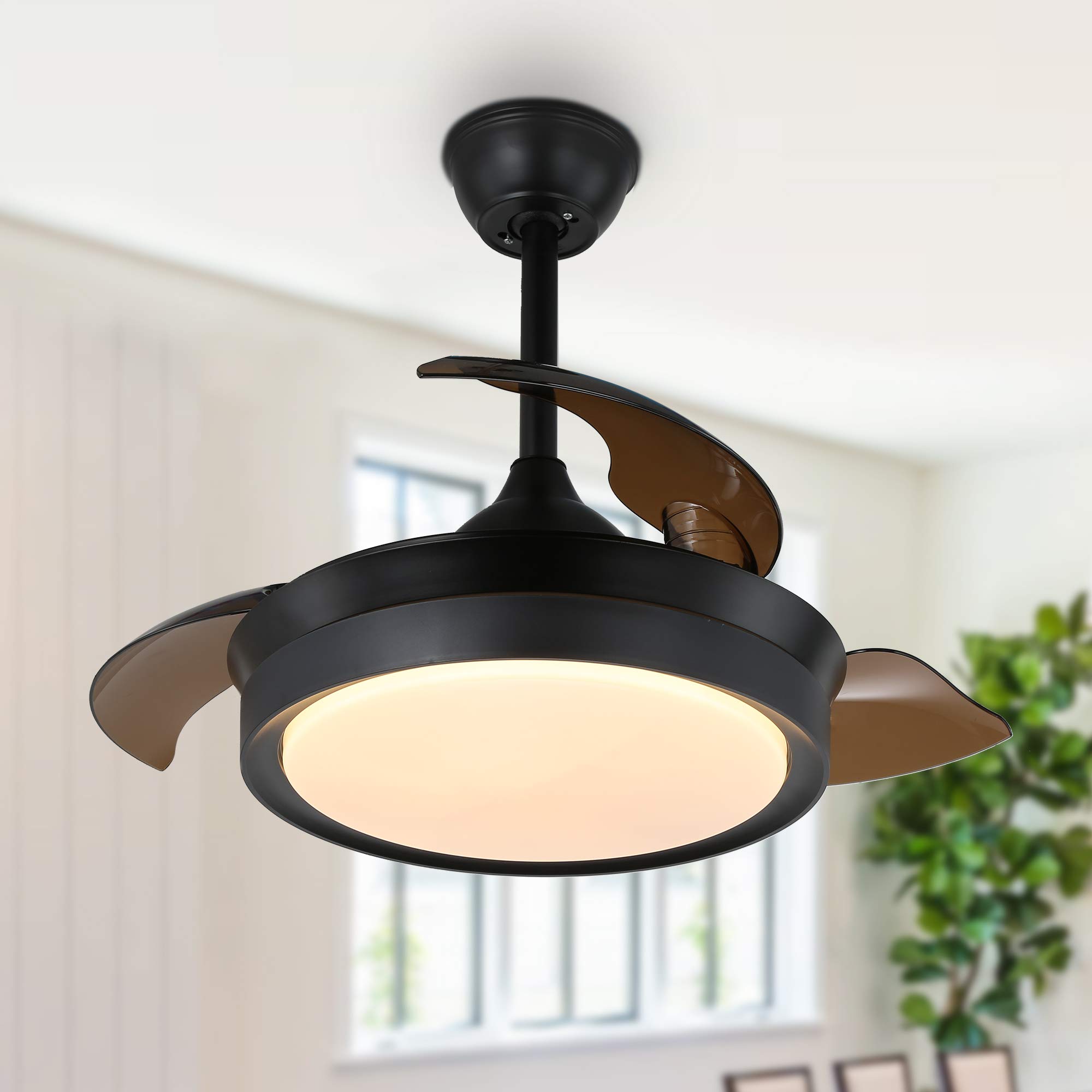 42 Inch Retractable Ceiling Fan with Lights and Remote Control - 3 Adjustable Blades, 3 Color Changing LED Lights, 4 Timer Settings, Ultra Quiet Motor, Modern Black Design for Living Room, Bedroom, and Outdoor Patio