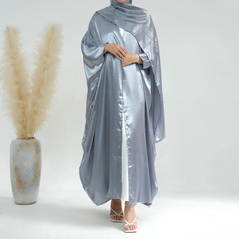 Elegant Batwing Sleeve Cardigan Open Front Abaya Dress with Matching Hijab Scarf - Perfect for Modest Fashion, Prayer Wear & Special Occasions