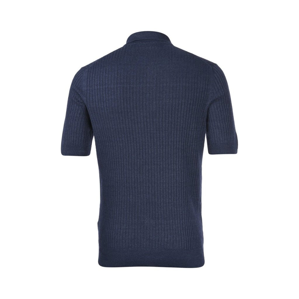 GRAN SASSO Men's Cotton Linen Ribbed Polo Shirt - Navy Blue Casual Slim Fit Button Down Collar Shirt for Business Casual & Summer Outings