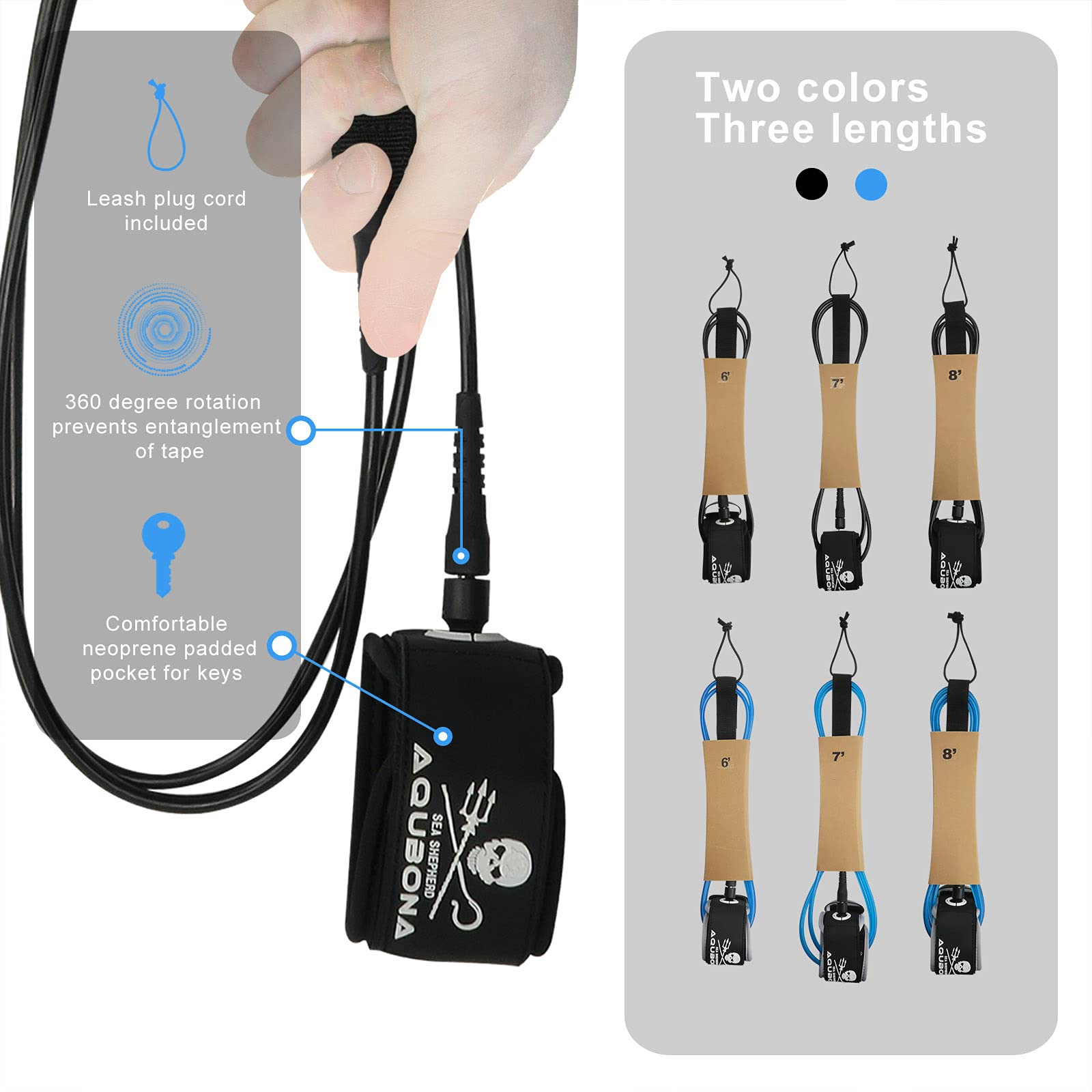 AQUBONA 6ft/7ft/8ft Surfboard Leash - 7mm Adjustable SUP Leg Rope with Thigh & Ankle Cuff - Straight Surf Leashes with Key Pocket (Black, 7ft) - Perfect for Surfing, Paddle Boarding & Water Sports