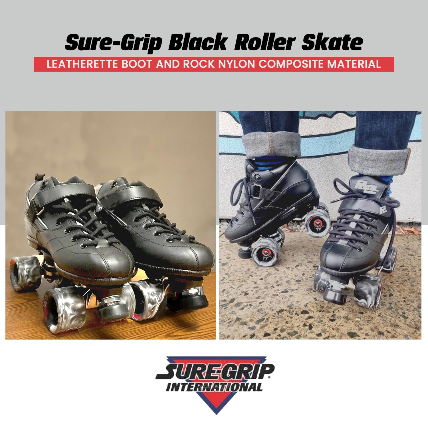 Sure Grip Rock GT50 Black Roller Skates - Lightweight Unisex Indoor Skates for Men & Women - Nylon Composite Frame, 62mm Swirl Wheels & ABEC-5 Bearings - Perfect for Rink Skating & Indoor Fitness