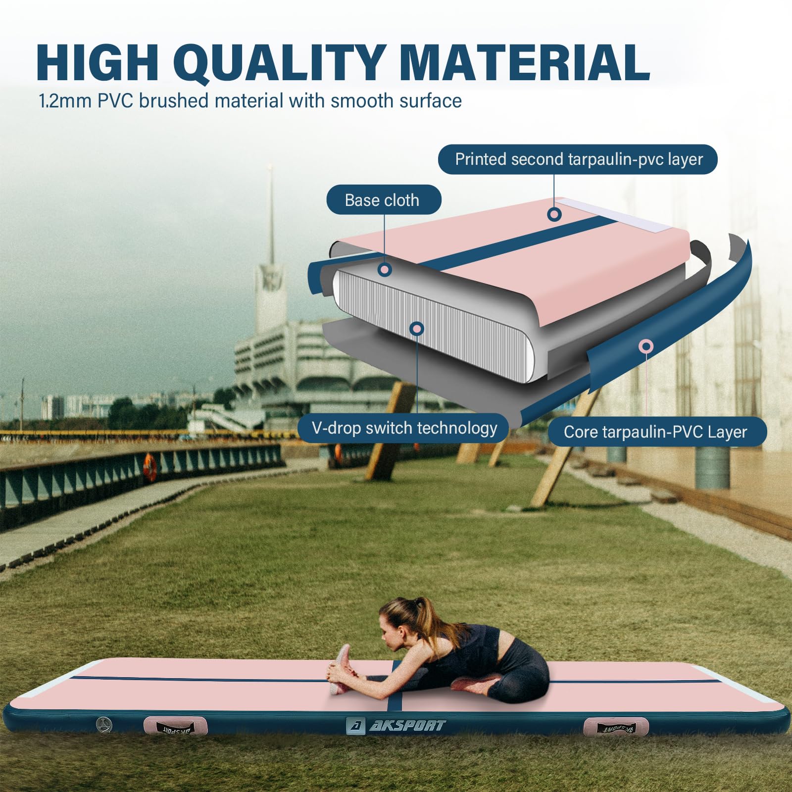 AKSPORT Inflatable Gymnastics Air Mat - Portable Tumble Track & Tumbling Floor Mat with Air Pump for Home Gym, Cheerleading, Parkour Training | Perfect for Indoor Practice, Beach, Park & Water Activities
