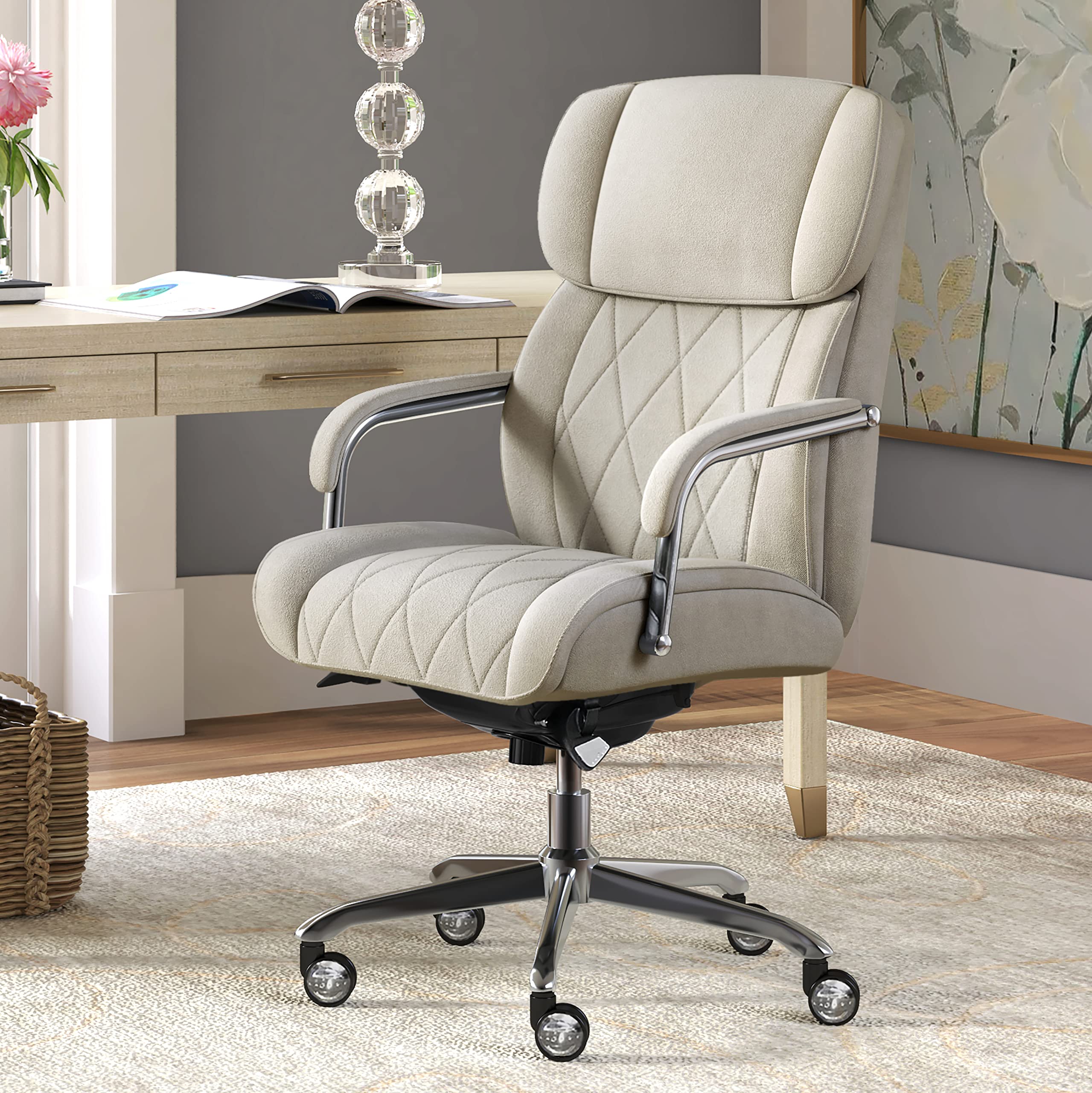 La-Z-Boy Sutherland Quilted Leather Executive Office Chair - High Back Ergonomic Desk Chair with Lumbar Support & Padded Arms - Cream Microfiber Fabric - Perfect for Home Office, Gaming & Workspaces