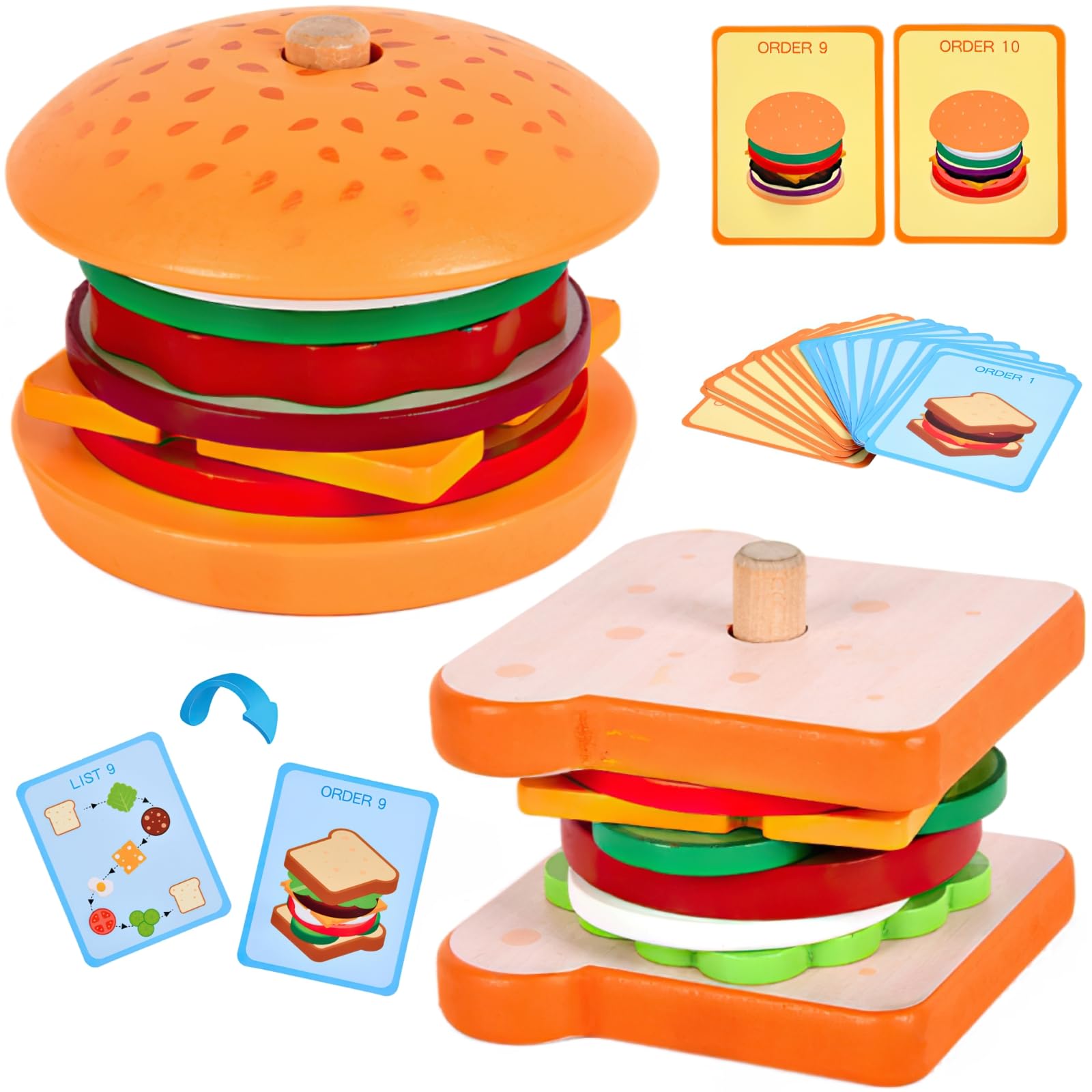 Wooden Burger Sandwich Stacking Toys for Kids - Montessori Learning Toys for Toddlers & Preschoolers to Develop Fine Motor Skills - Pretend Play Kitchen & Educational Stacking Game for Children