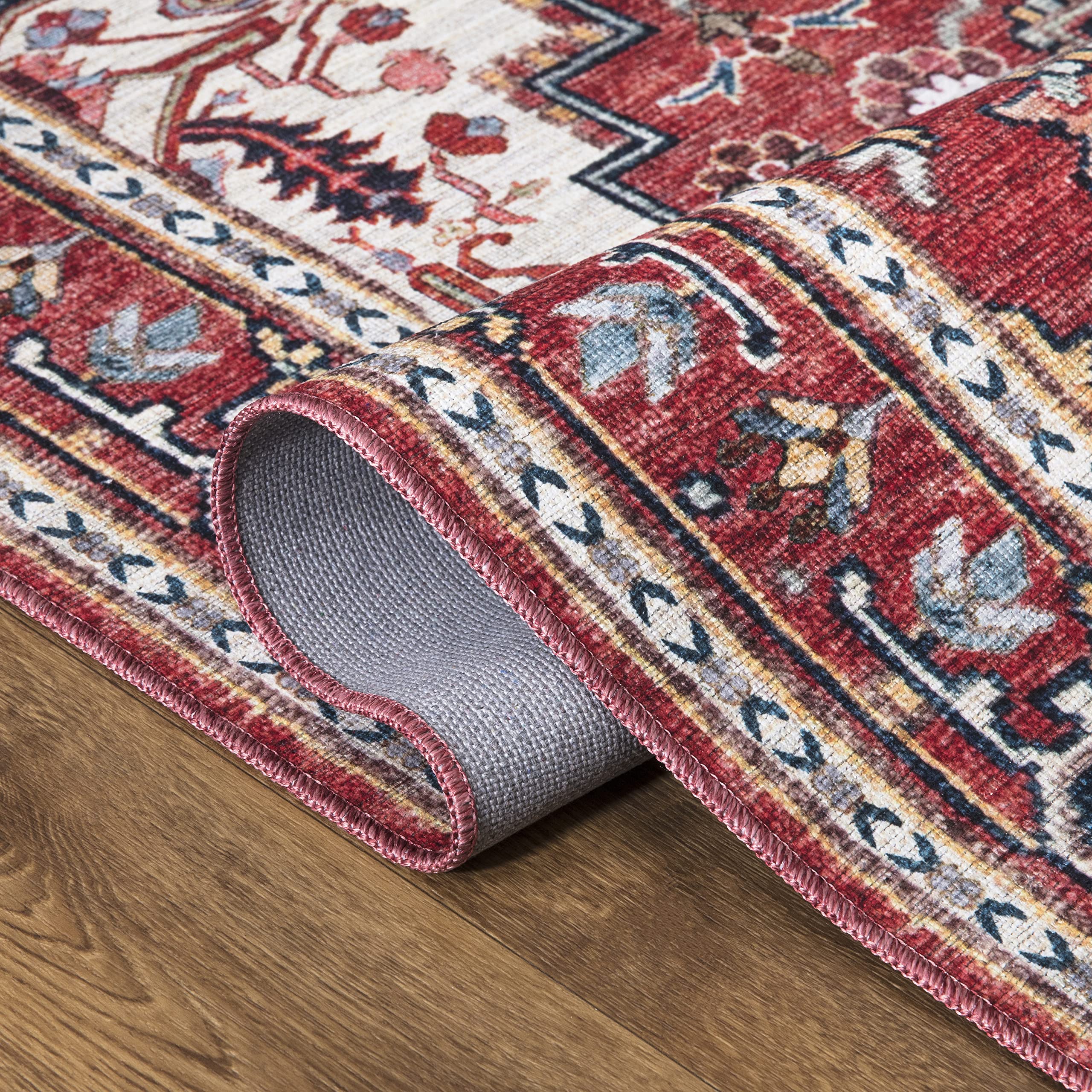 Abani 5' x 8' Red Traditional Rectangular Area Rug - Machine Washable Polypropylene, Stain Resistant & Non-Shedding Large Rug for Living Room, Bedroom, Dining Room & Home Decor