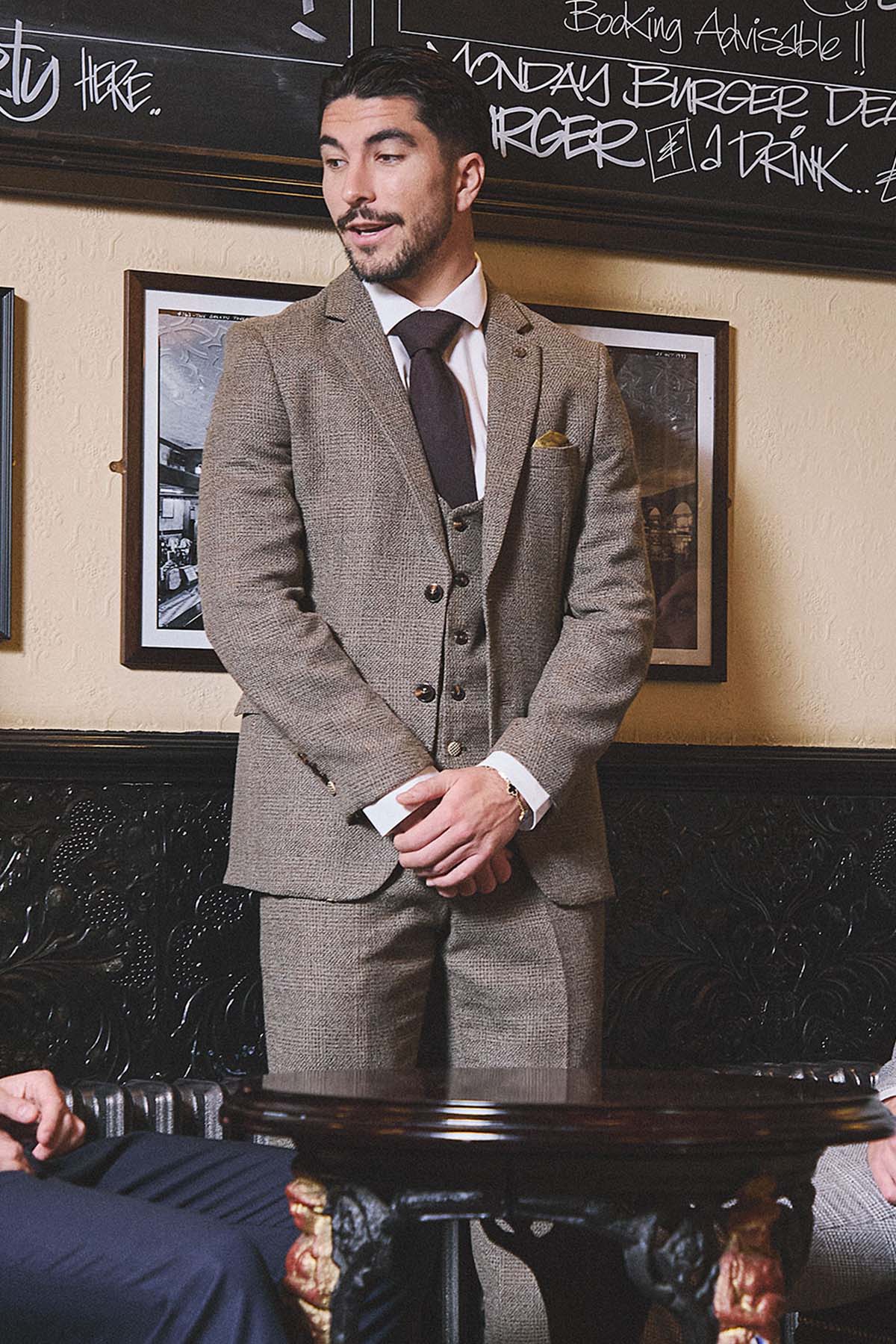 KRIS Tan Tweed Three Piece Suit for Men - Premium Wool Blend Formal Business Suit Set - Perfect for Office, Weddings & Special Occasions