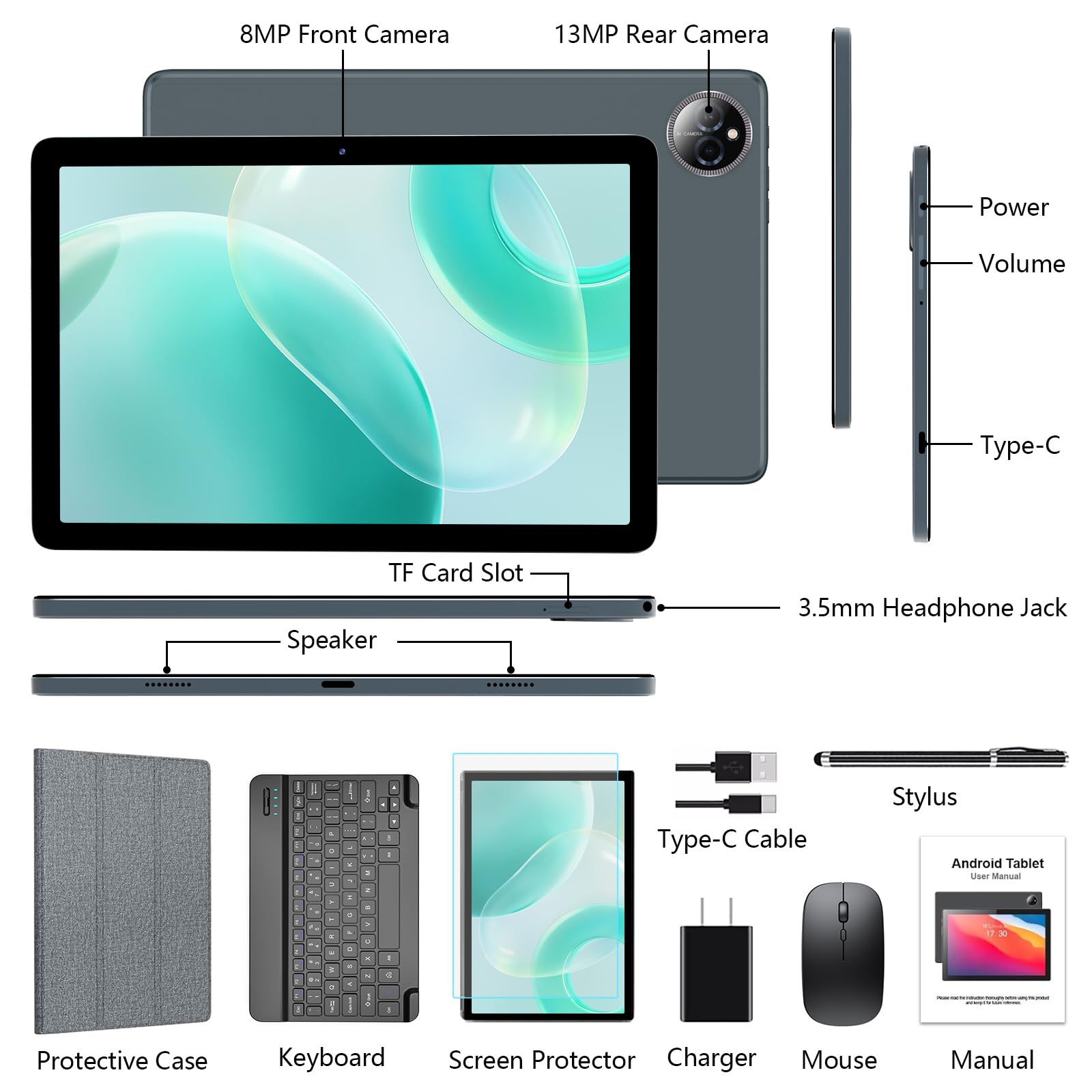 Android 14 10-Inch 4G LTE Tablet - Octa-Core Processor, 128GB ROM + 14GB RAM (8+6), 1TB Expandable Storage, 5G WiFi, 8000mAh Battery, Bluetooth 5.0, 13MP+8MP Dual Camera - Includes Keyboard & Protective Case (Gray) - Perfect for Work, Study, and Entertainment On The Go
