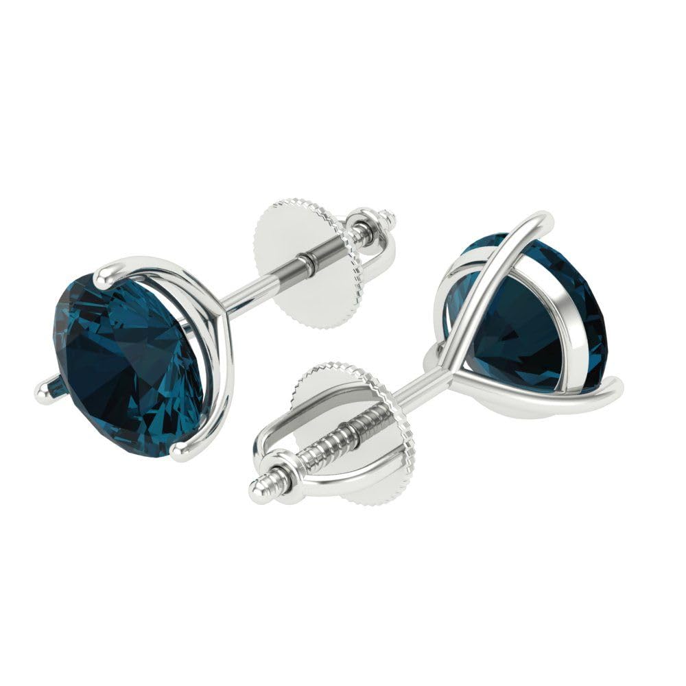 4.0 Carat Round Cut Genuine Natural London Blue Topaz Stud Earrings in 18K White Gold with Screw Back - Perfect for Weddings, Anniversaries & Special Occasions