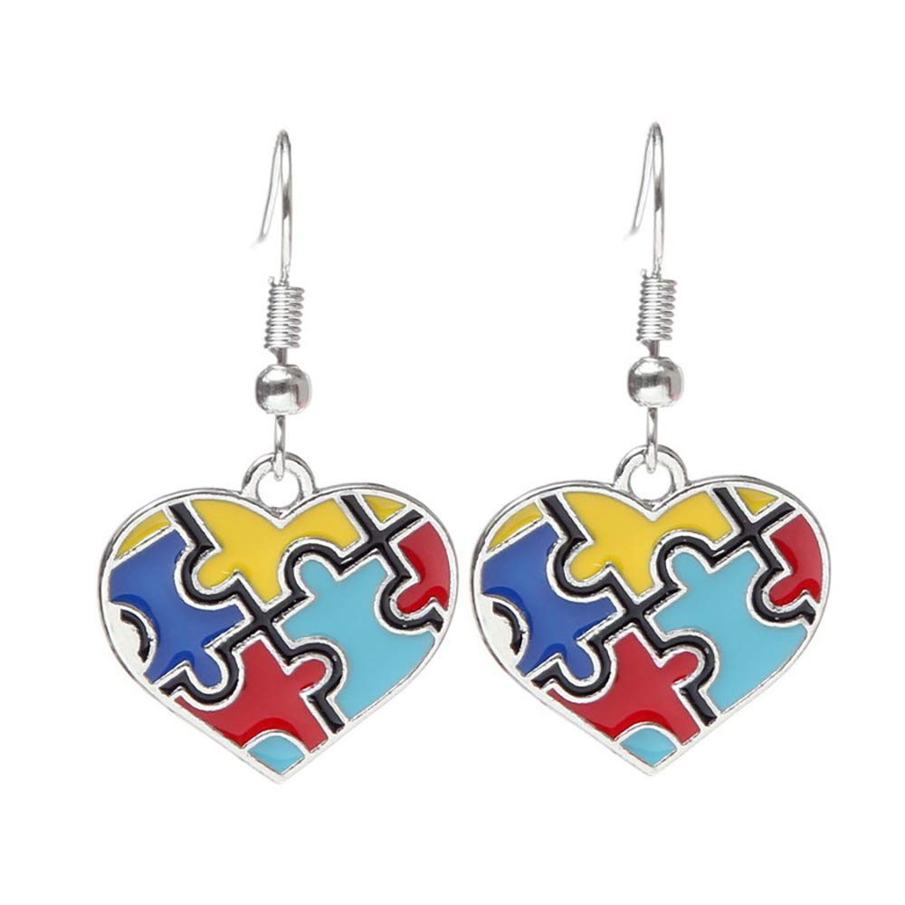 Autism Awareness Puzzle Piece Drop Earrings & Heart Cross Pendant Necklace Set - Silver Snake Chain Jewelry for Women - Perfect for Daily Wear, Fundraising Events & Showing Support