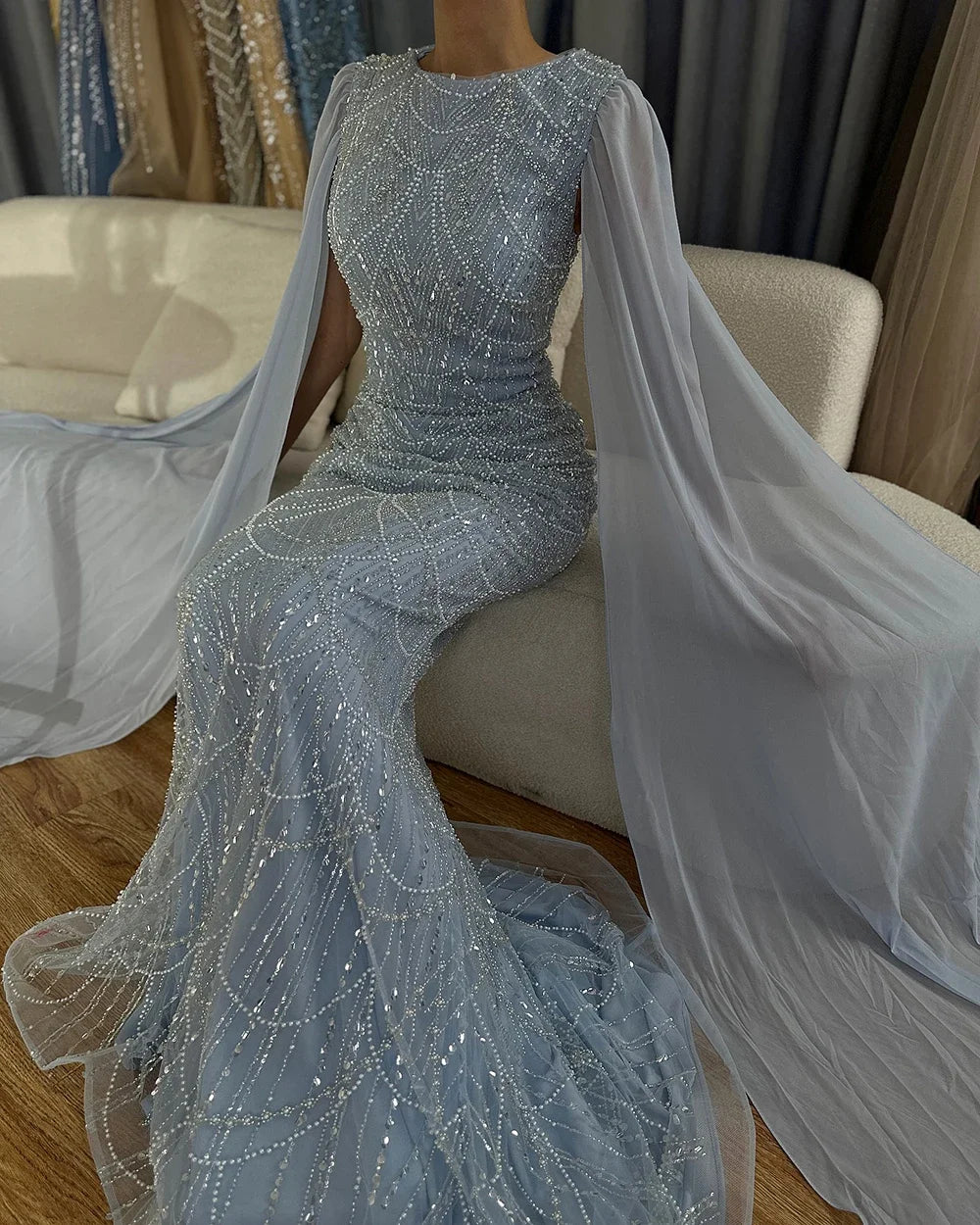 Luxury Dubai Saudi Arabia Blue Mermaid Cape Sleeve Beaded Evening Gown LA72160A - Elegant Formal Dress for Prom, Gala & Red Carpet Events