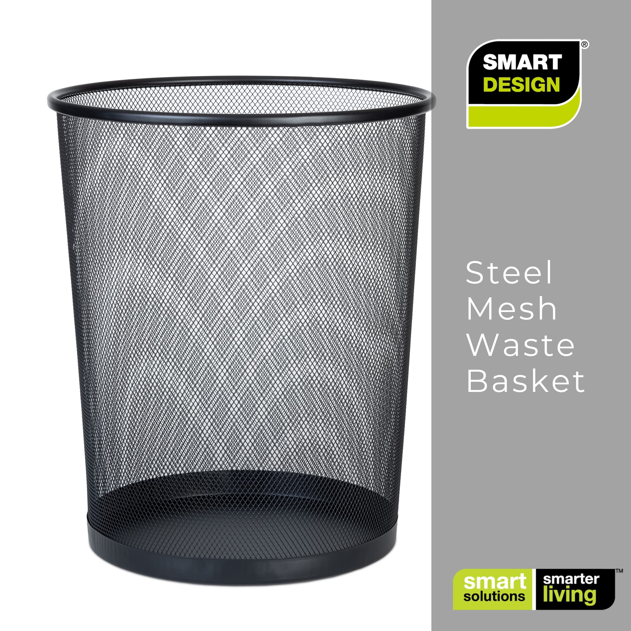 Smart Design Steel Mesh Waste Basket - Easy to Clean Trash Can for Home & Office - 11.75 x 13.75 Inch Black Wire Garbage Bin - Perfect for Bathroom, Bedroom, Kitchen & Office Organization